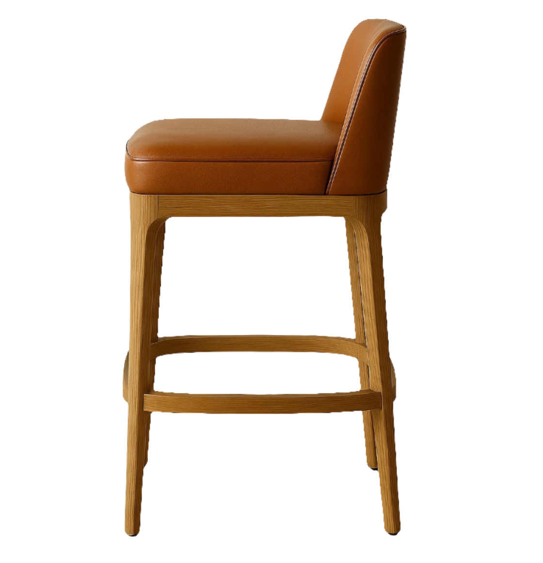 Side view of a contemporary counter-height bar stool with cognac leather upholstery and low back, mounted on a natural oak frame with integrated footrest.