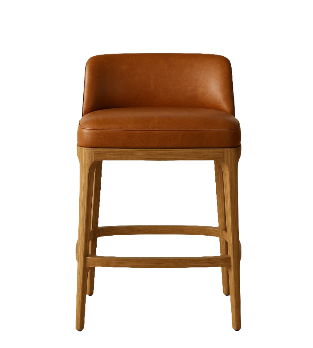 Contemporary counter-height bar stool with cushioned cognac leather seat and low armless back on a natural oak frame with integrated footrest.
