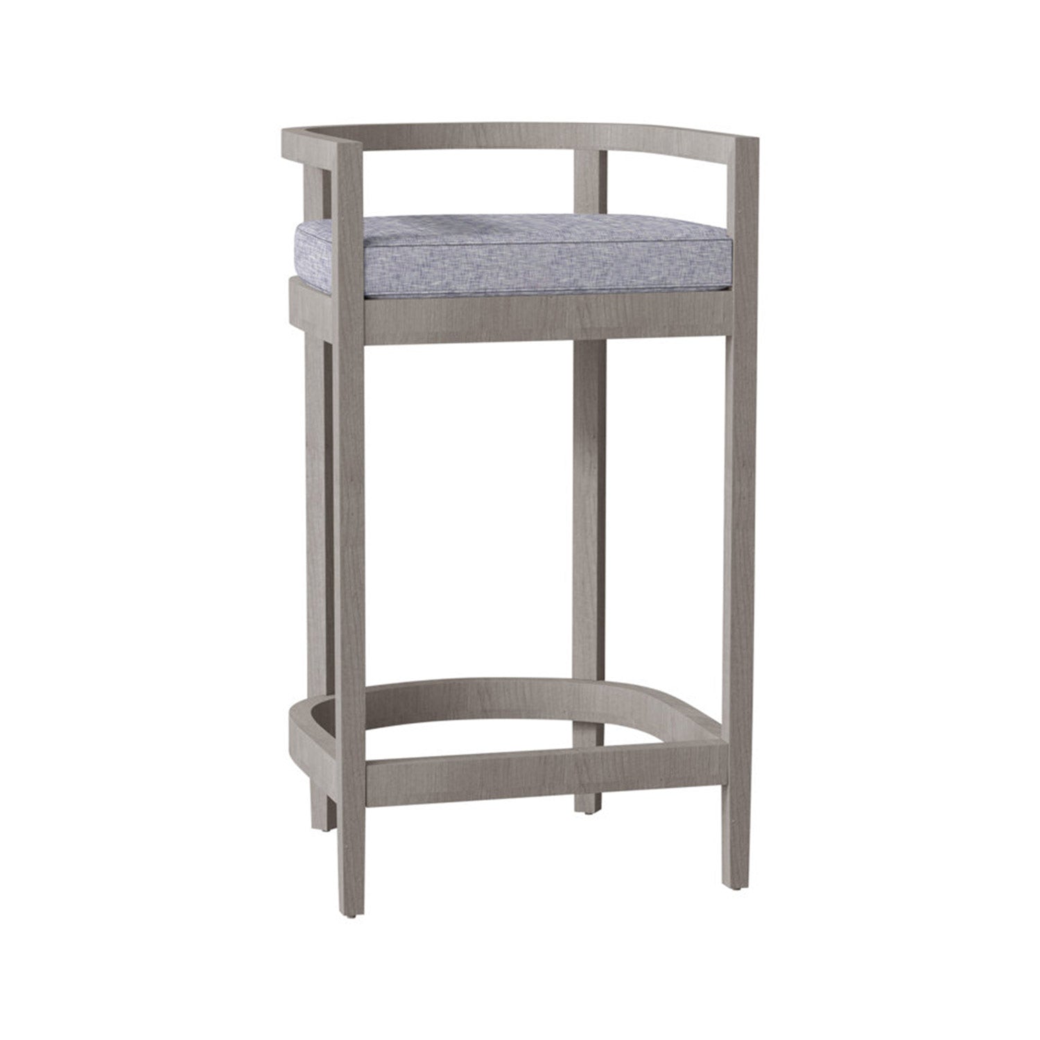 Coastal teak outdoor bar stool with a light teak finish, curved open-back frame and short arms, rectangular footrest ring, four slim square legs and a removable light-blue textured seat cushion.