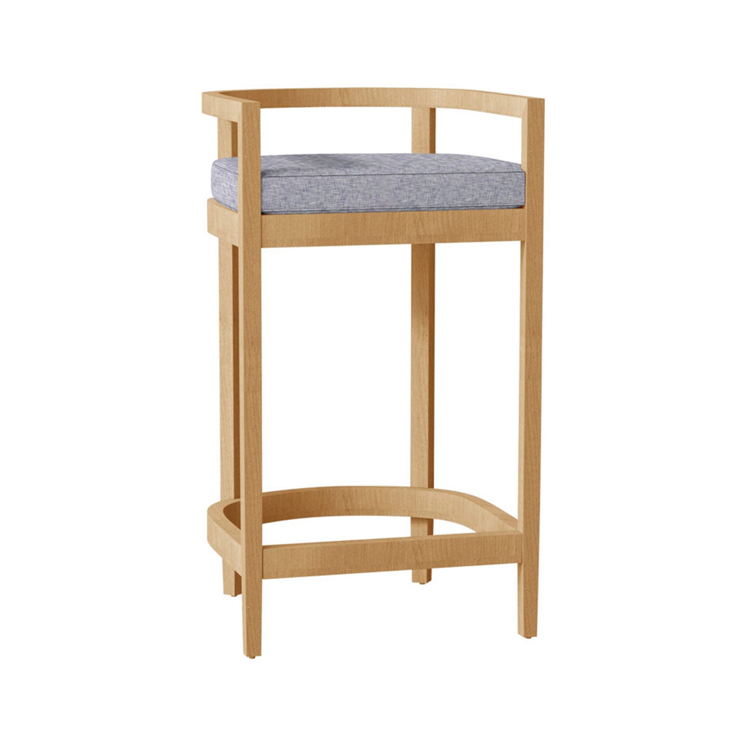 Teak outdoor bar stool in a natural finish with a curved low back and integrated arms, square legs and arched footrest, fitted with a light blue‑grey upholstered seat cushion for coastal kitchen or island seating.