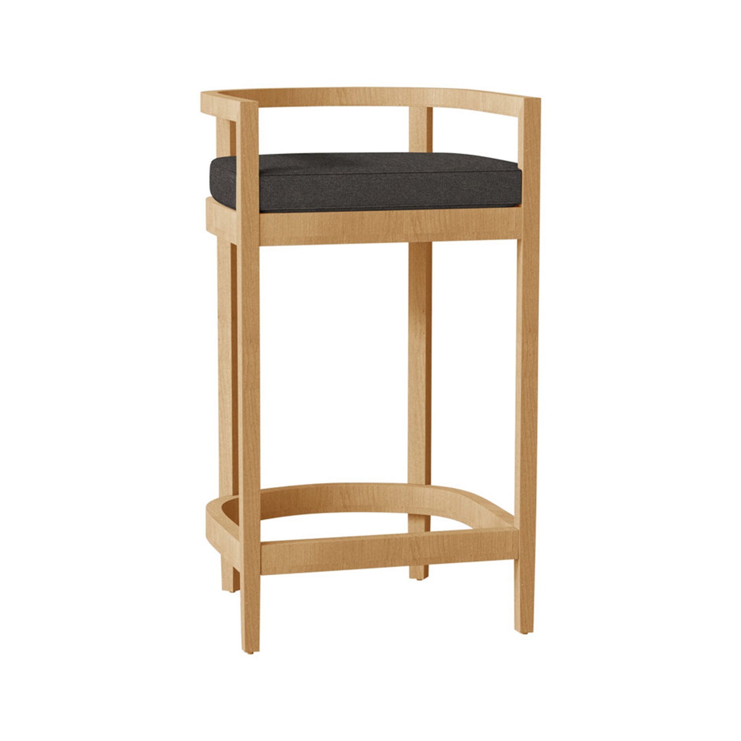 Teak outdoor bar stool in a natural finish with a low curved back and arm supports, dark charcoal upholstered seat cushion, slim square legs and integrated curved footrest ring, shown on a white background.
