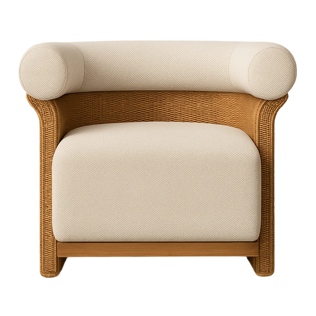 Front-facing coastal-contemporary accent chair with honey-brown woven wicker frame, plush beige upholstered seat and cylindrical beige bolster back cushion, curved open sides and low wood base for outdoor use.