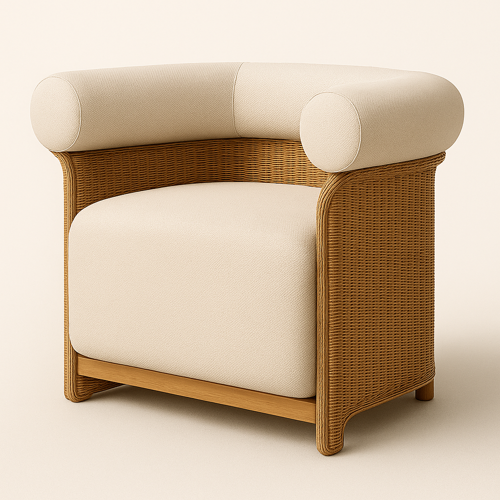 Beige upholstered outdoor accent chair with rounded roll-arm bolsters and a thick cushioned seat set inside a honey wicker frame with a low wooden base, shown against a neutral background.