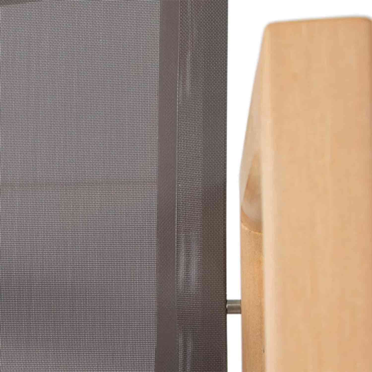 Close-up of a natural teak bar stool frame showing the light teak arm, attached gray outdoor mesh back with a vertical seam and visible metal support pin.