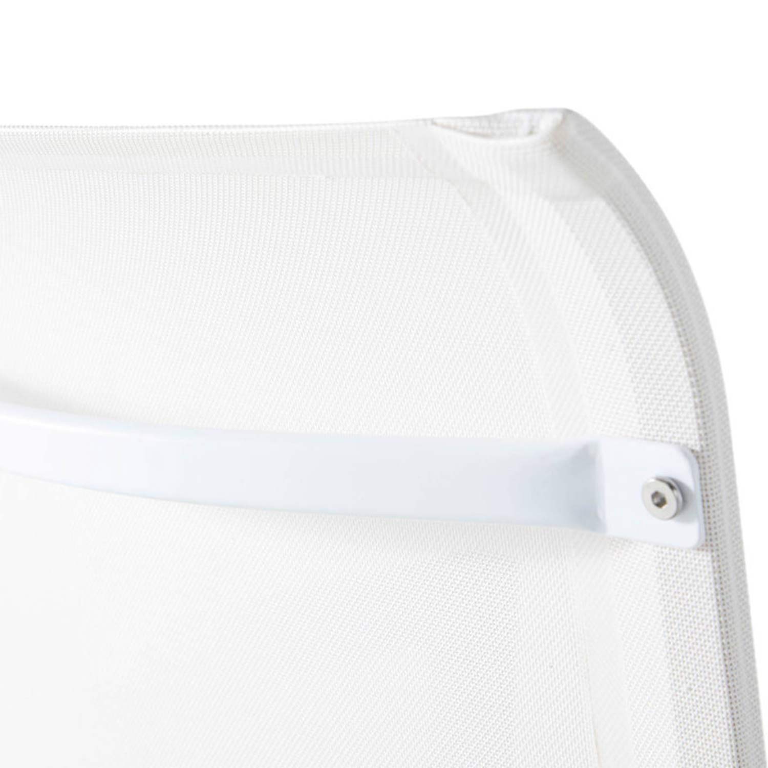 Close-up of a teak outdoor bar stool showing the white mesh back with a horizontal white metal support strap and a visible round fastener.