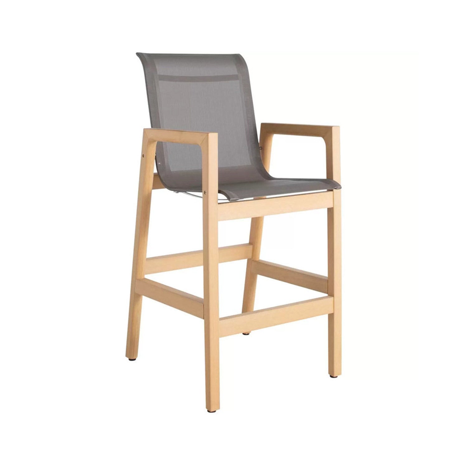 Teak outdoor bar stool with natural-finish wooden frame, integrated square armrests, gray sling mesh seat and back, and a built-in footrest for coastal counter-height seating.