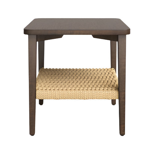 Medium brown wooden nightstand with a square top and tapered legs, featuring a woven natural papercord lower shelf for open storage in a modern contemporary style.