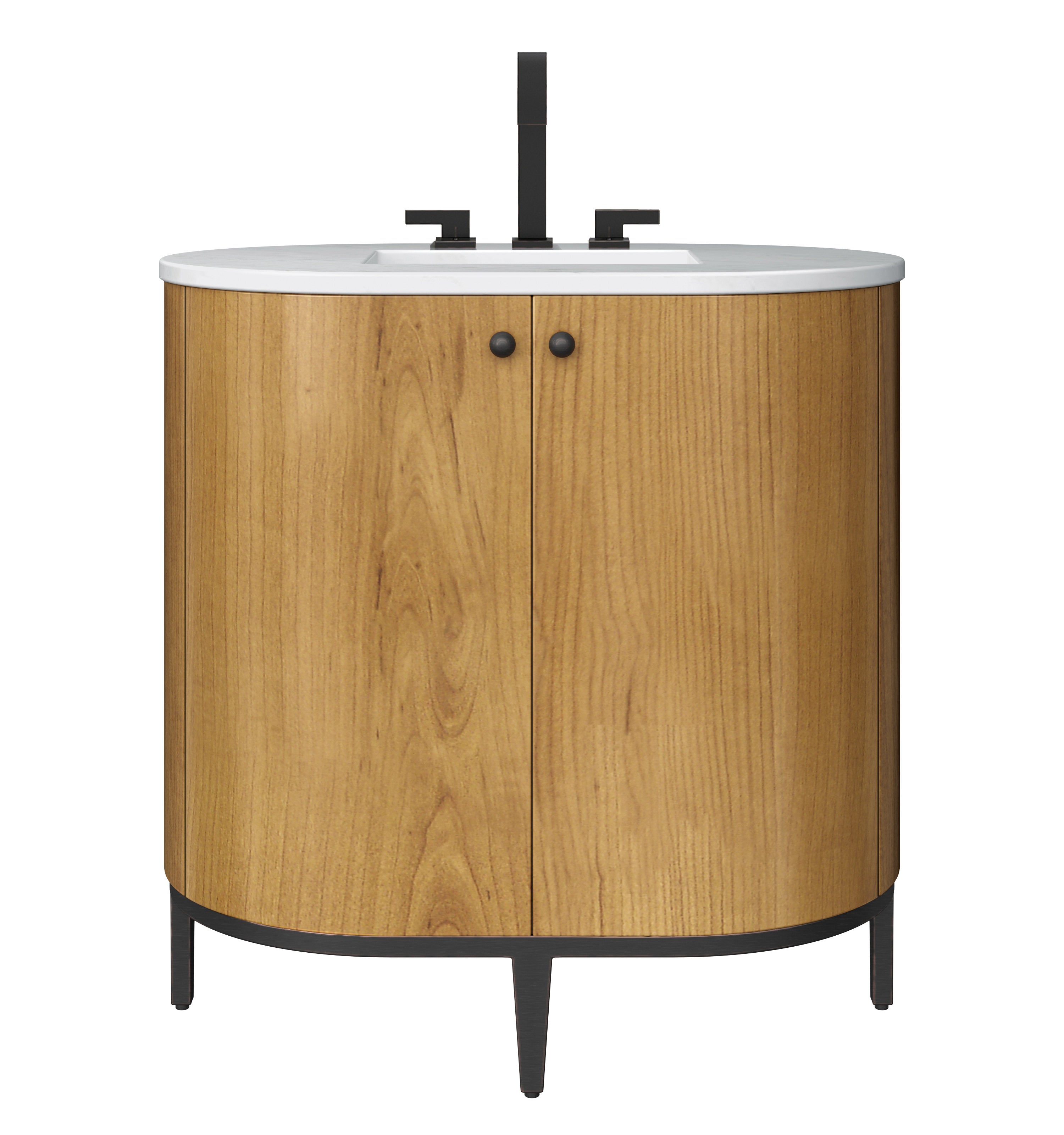 36-inch single-sink bathroom vanity with white Carrara marble top and rectangular undermount sink, light natural wood curved cabinet with two doors and black round knobs, matte black widespread faucet and black metal legs.