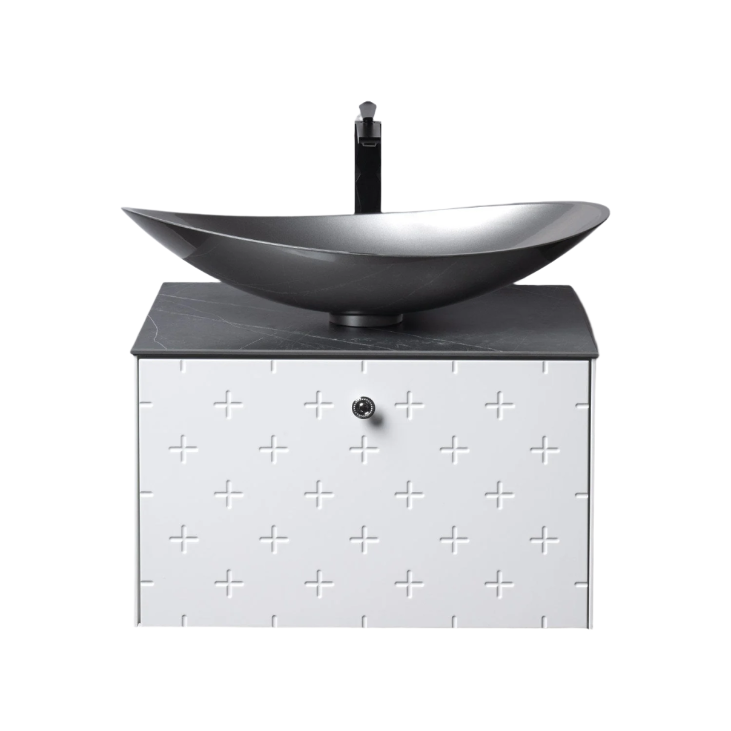Front view of a modern 24-inch single-sink bathroom vanity with a white embossed drawer front, dark stone countertop, matte charcoal vessel sink and a black single-hole faucet.