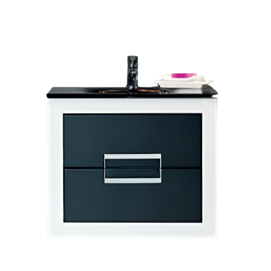 Front view of a modern solid wood bathroom vanity with white frame and dark stone-gray drawer fronts, black stone countertop with center black faucet, chrome rectangular drawer handle and a small soap dish on top.