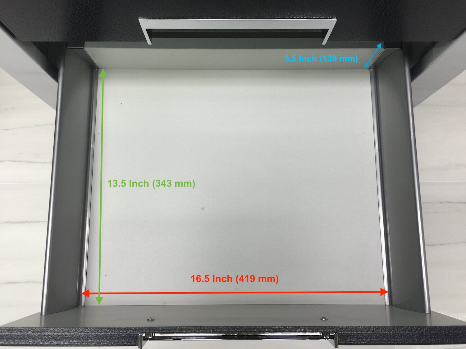 Open drawer interior of a stone-colored modern solid wood bathroom vanity showing gray side panels and light base with measurement overlays: 13.5 in (343 mm) height, 16.5 in (419 mm) width and 5.5 in (139 mm) top clearance.