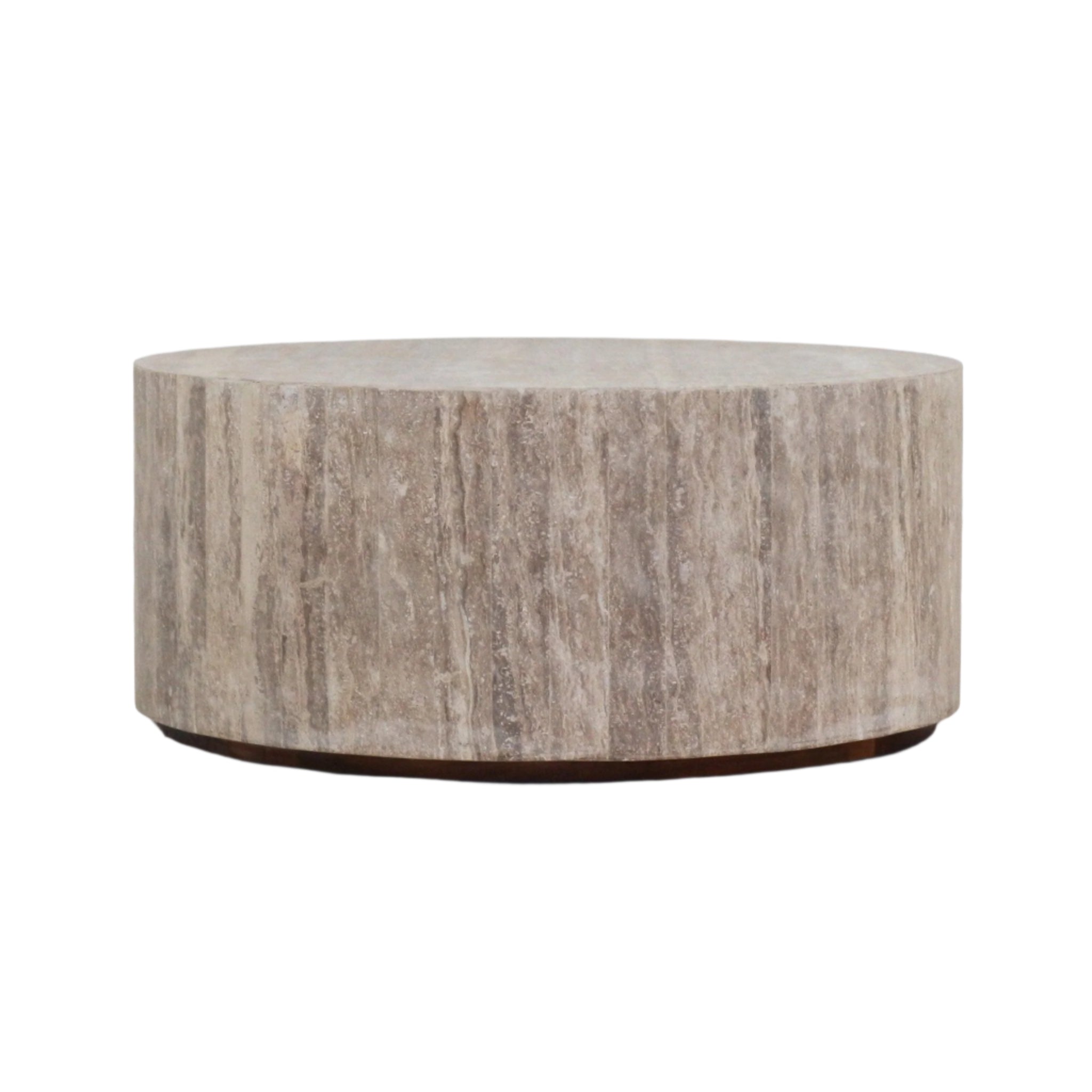 Round drum-style coffee table crafted from natural travertine marble in beige tones, showing vertical stone veining and a thin dark low base for a modern contemporary living room.