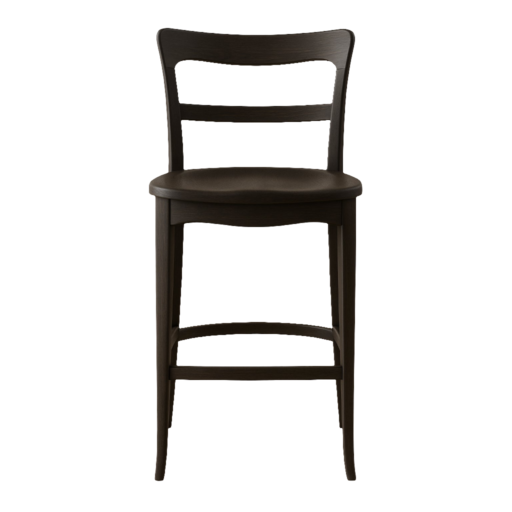 Front view of an armless, solid mahogany wood counter-height bar stool in modern farmhouse style with a curved ladder back (two horizontal slats), contoured round seat, tapered legs and integrated footrest.