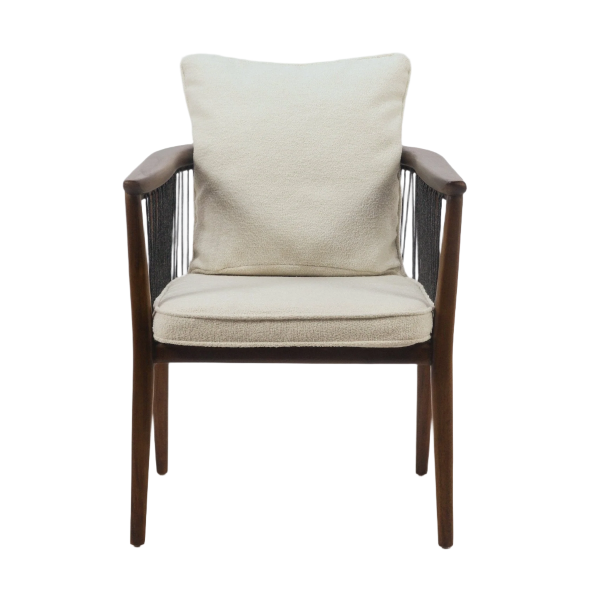 Front view of a modern dining armchair with cream boucle seat and back cushions, mahogany solid wood frame and curved arms, and charcoal rope-wrapped side panels.