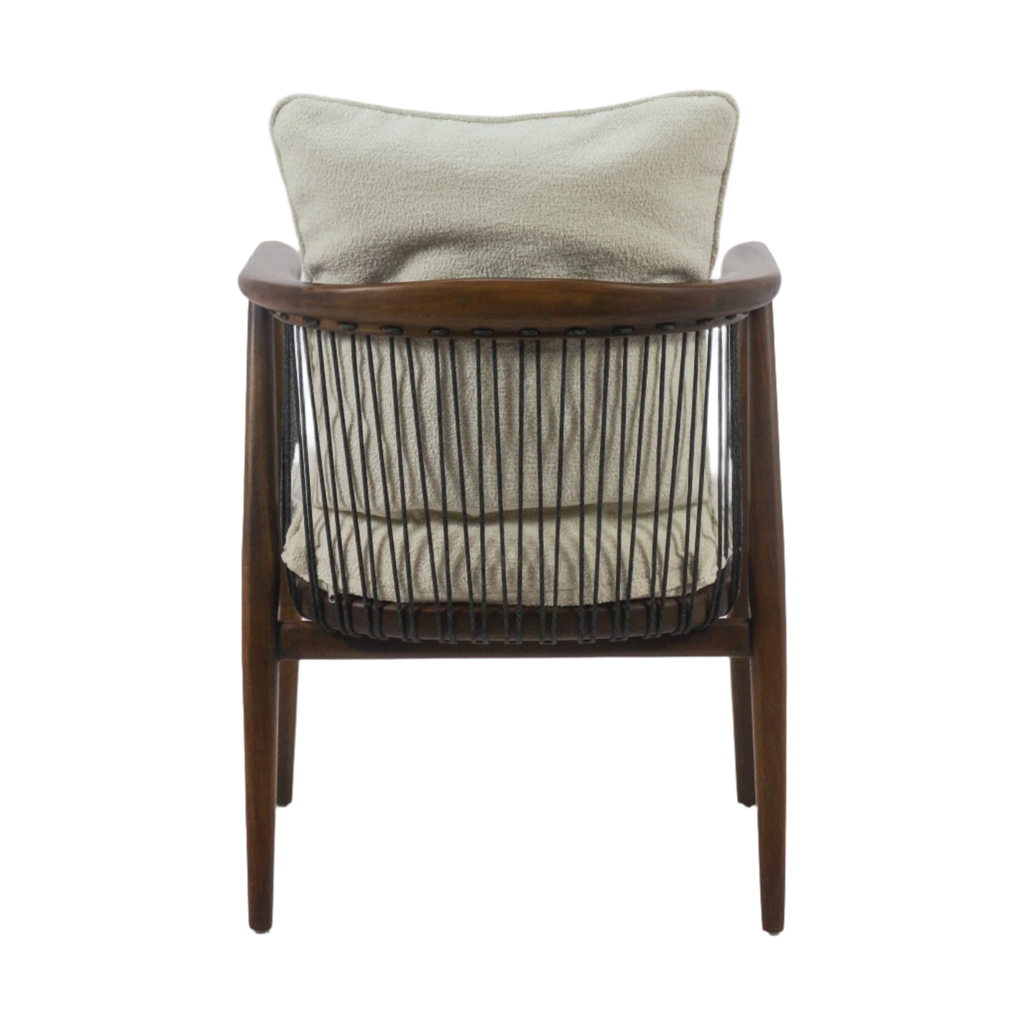 Rear view of a dining chair with cream boucle cushion and loose back pillow, mahogany solid-wood frame and vertical black rope-wrapped back with tapered wooden legs.