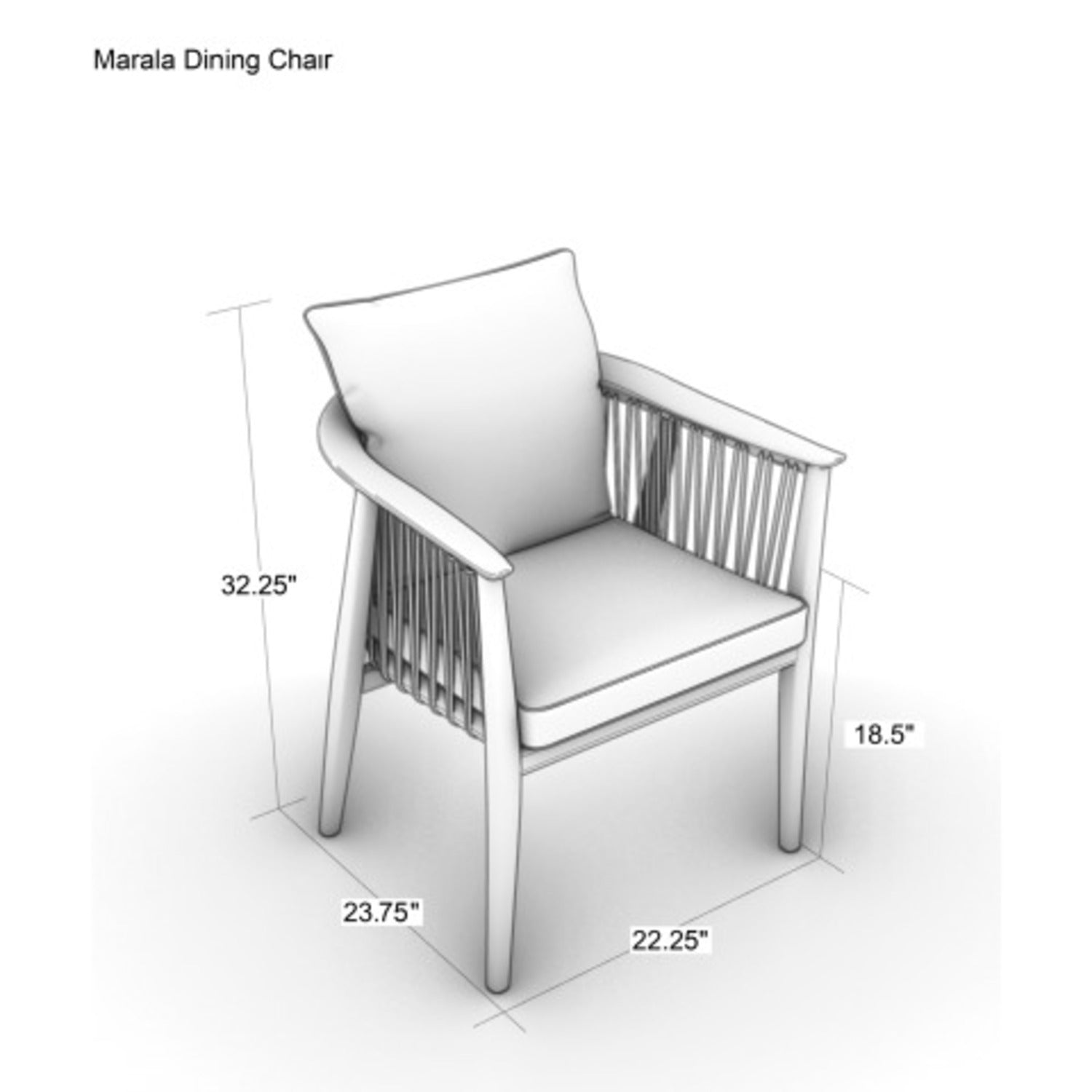 Contemporary dining chair with cream bouclé upholstered seat and back cushion, curved wood armrests and solid wood legs, vertical rope-style side detailing shown in perspective with annotated dimensions (32.25" H, 18.5" seat).