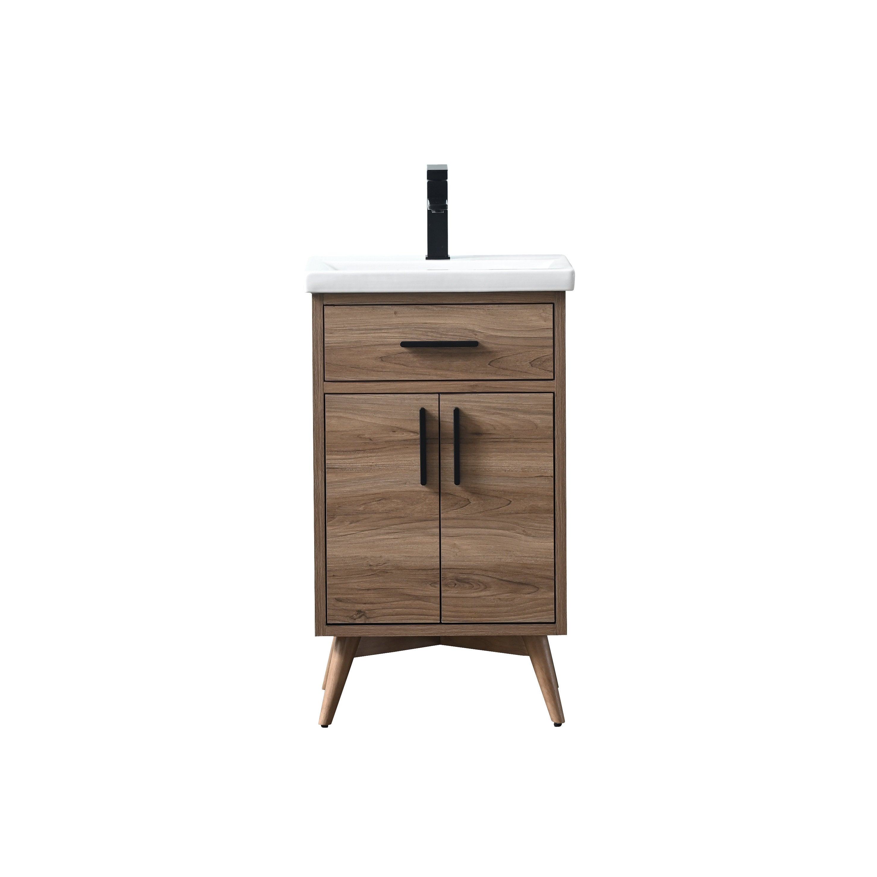 Freestanding 20-inch modern solid wood bathroom vanity in natural walnut finish with white ceramic sink, single-hole black faucet, black handles and tapered wooden legs.