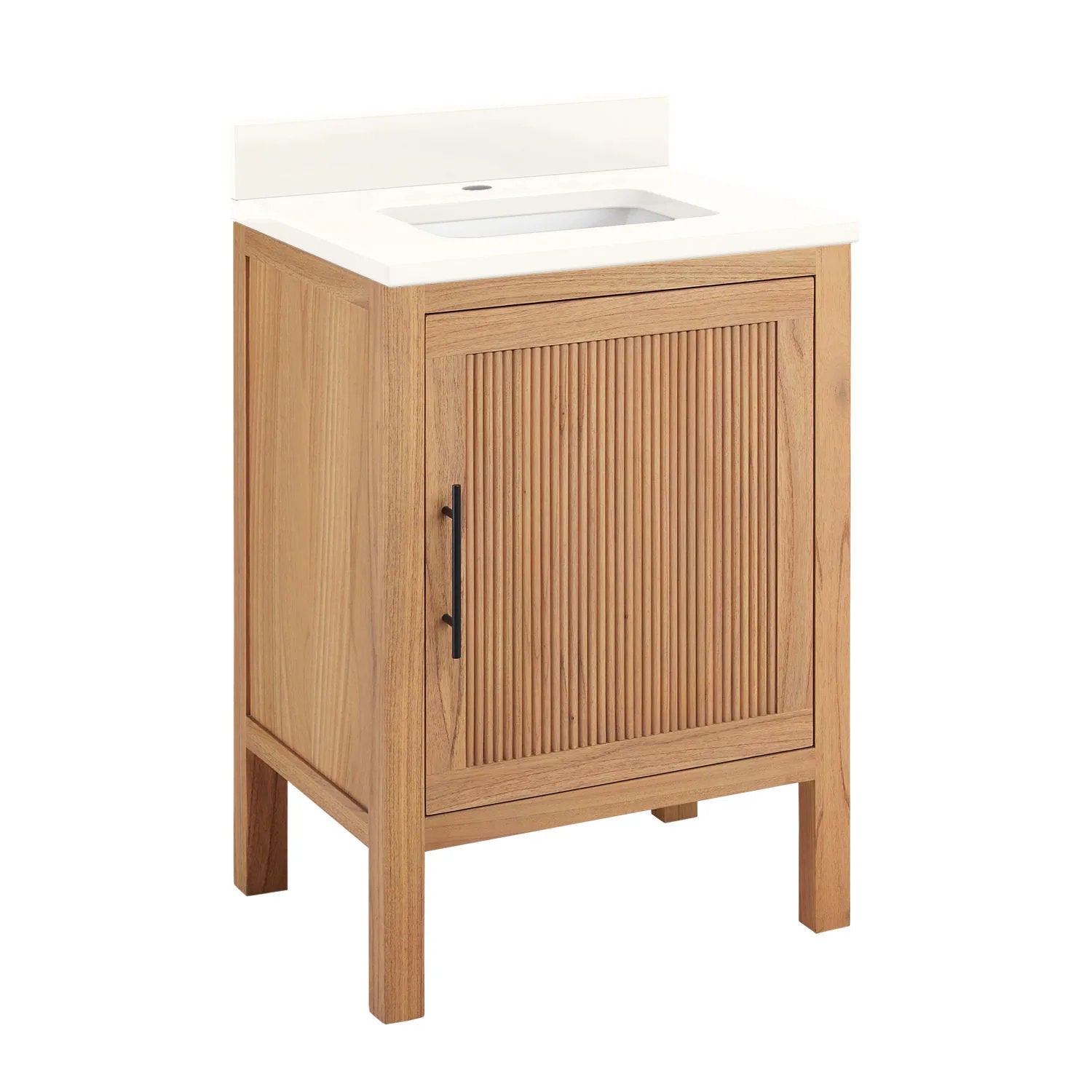 24-inch freestanding single-sink bathroom vanity in natural solid wood with fluted cabinet door, matte black bar handle and a white stone top with integrated ceramic sink and short backsplash.