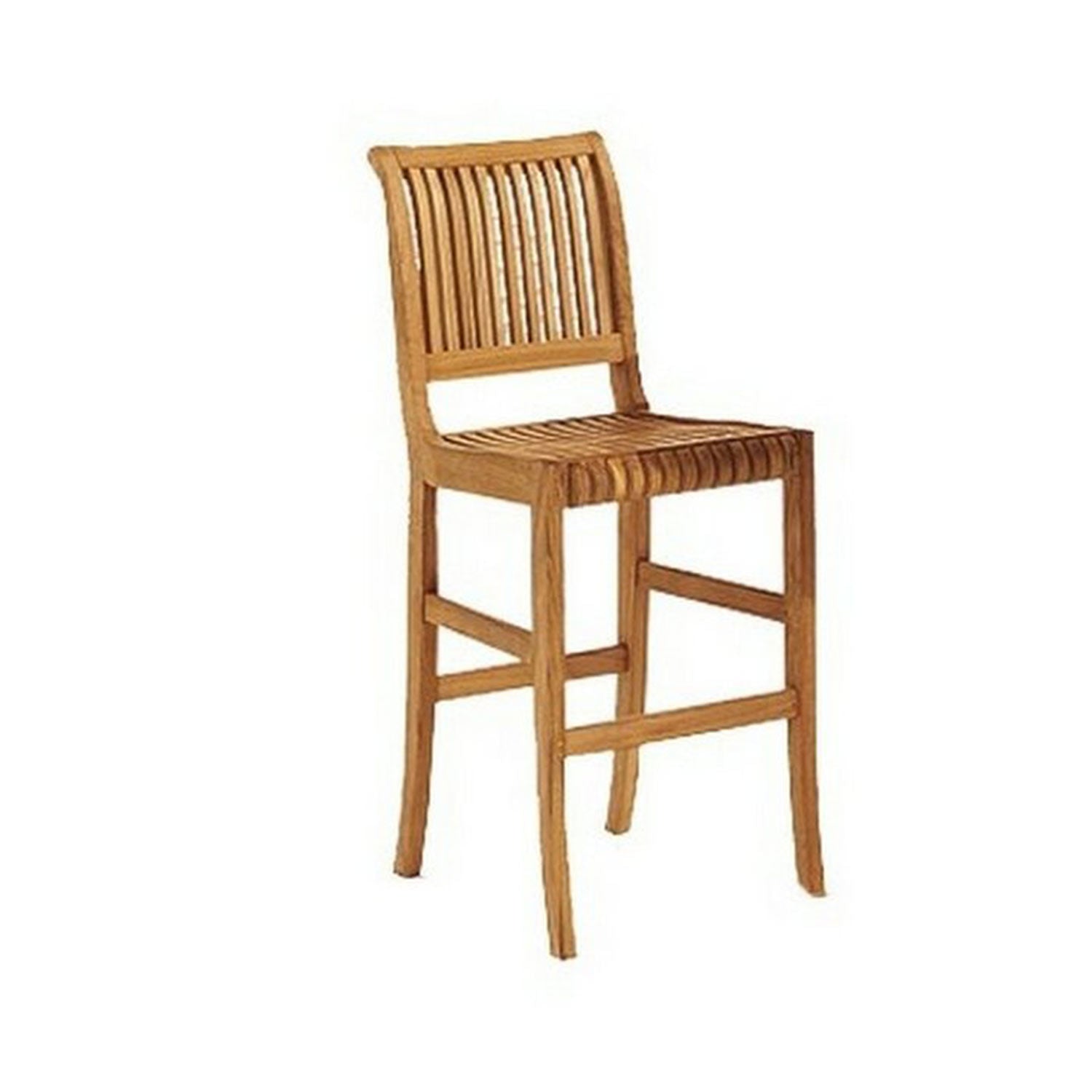 Armless outdoor bar stool in natural teak with a slatted seat and curved slat back, solid wood frame and integrated footrest, tall counter-height design for coastal kitchens or patios.