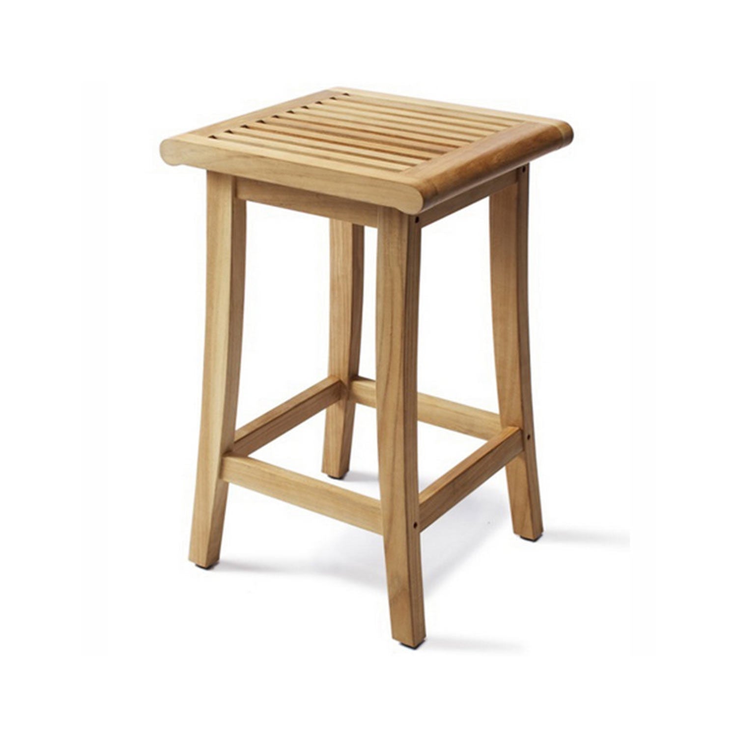 Coastal backless teak outdoor bar stool in a natural teak finish with a slatted square seat, rounded front edge, four tapered legs and cross-stretcher footrest.