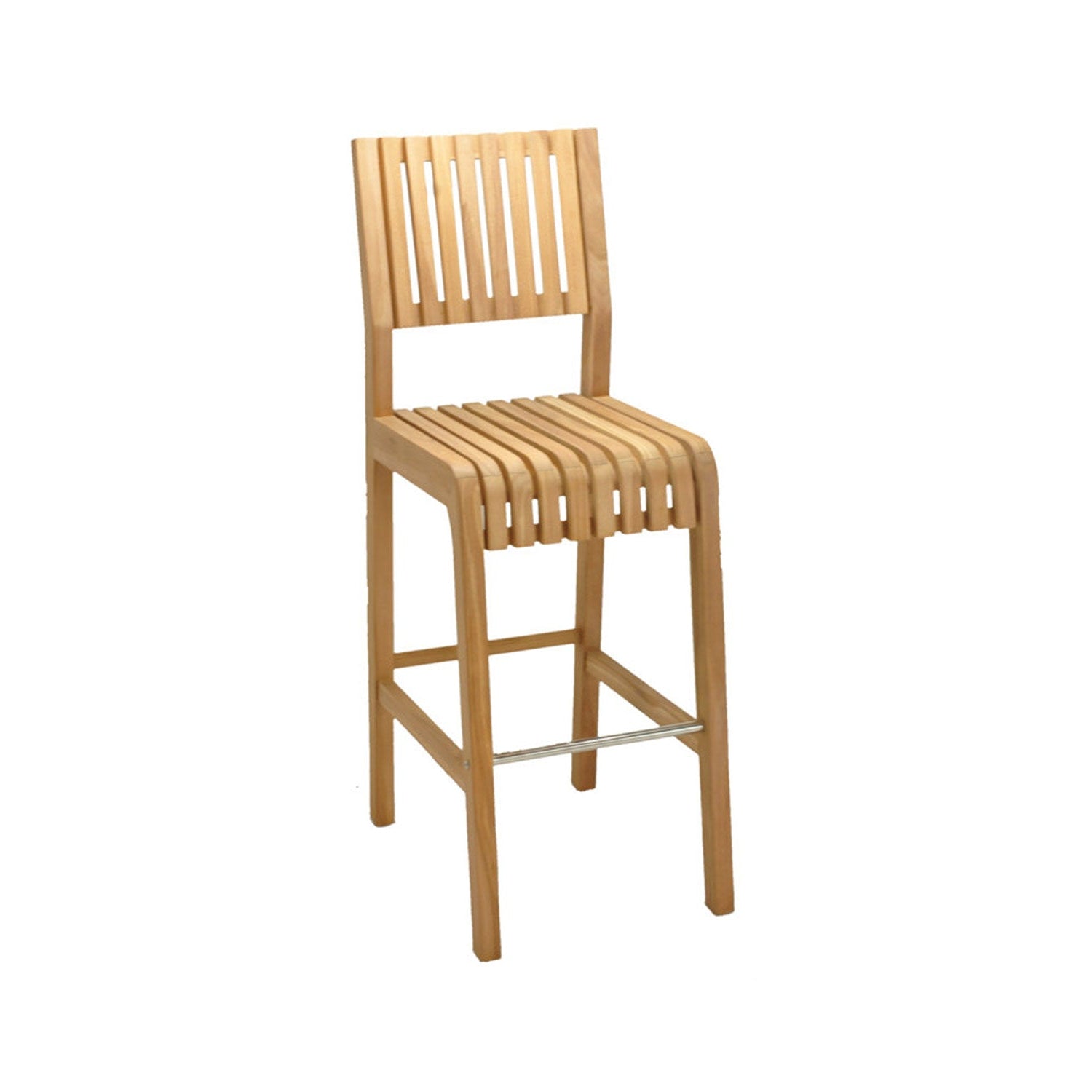 Armless outdoor bar stool in natural teak with a slatted seat and vertical slatted back, solid wood legs and a metal footrest for coastal contemporary kitchen or island seating.
