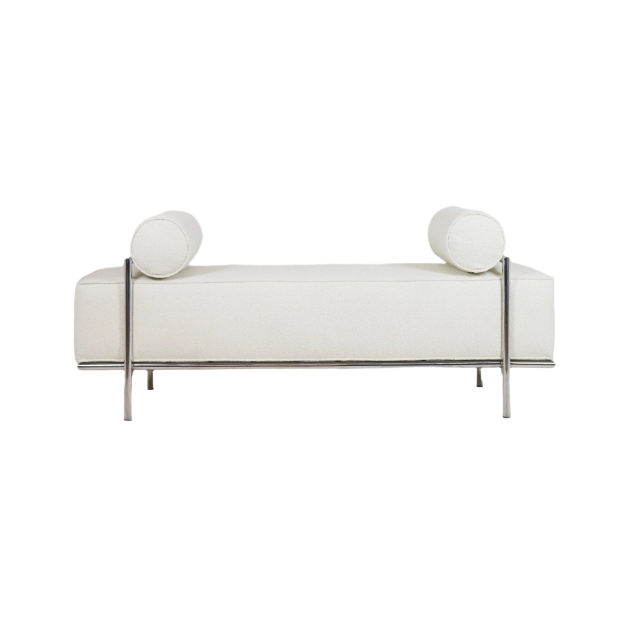 White boucle upholstered end-of-bed bench with a rectangular cushioned seat, two round bolster pillows at each end, and a slim polished metal frame with slender legs.