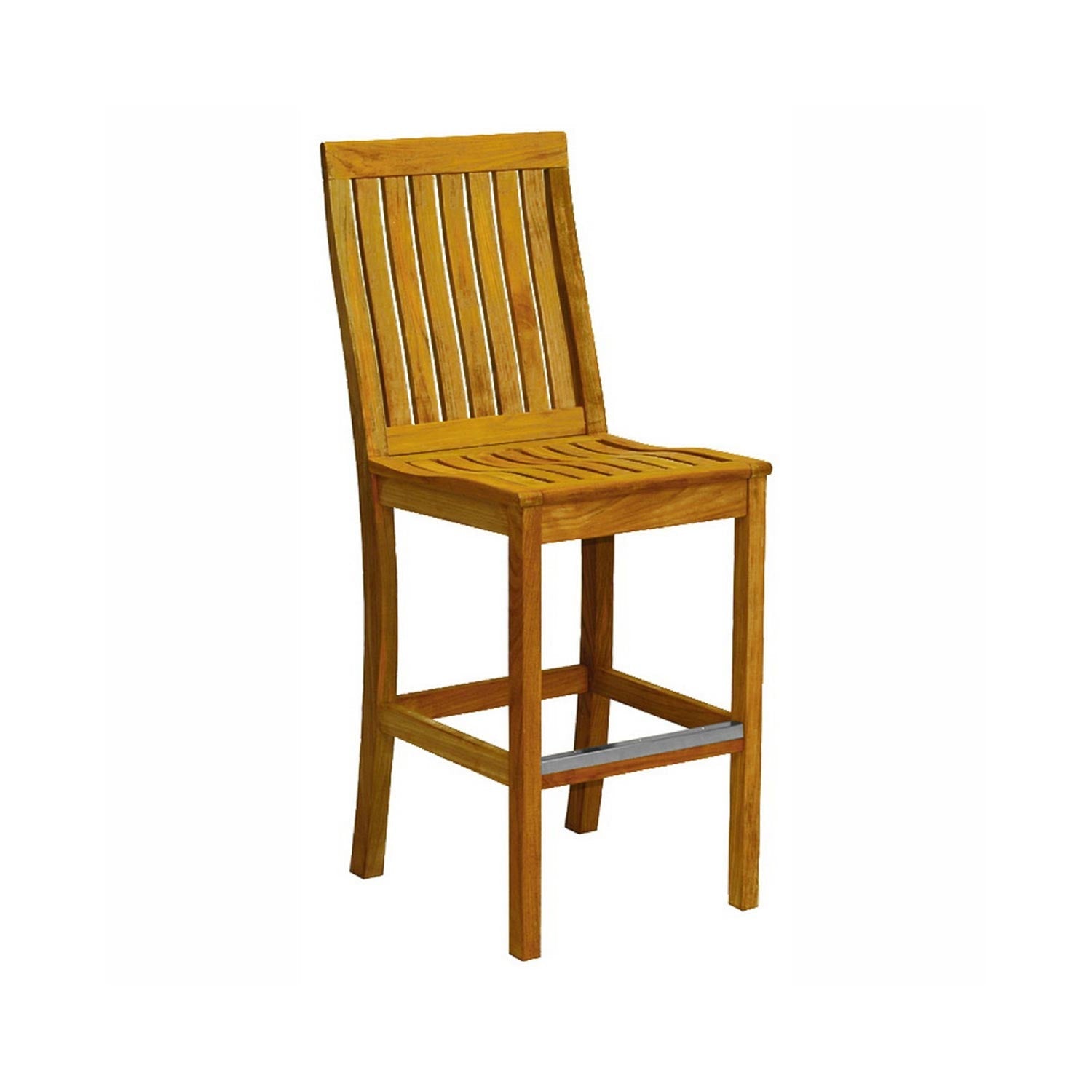 Armless teak outdoor bar stool with a slatted high back and slatted seat, square legs and a metal footrest in a natural teak finish, styled for coastal outdoor or kitchen island seating.