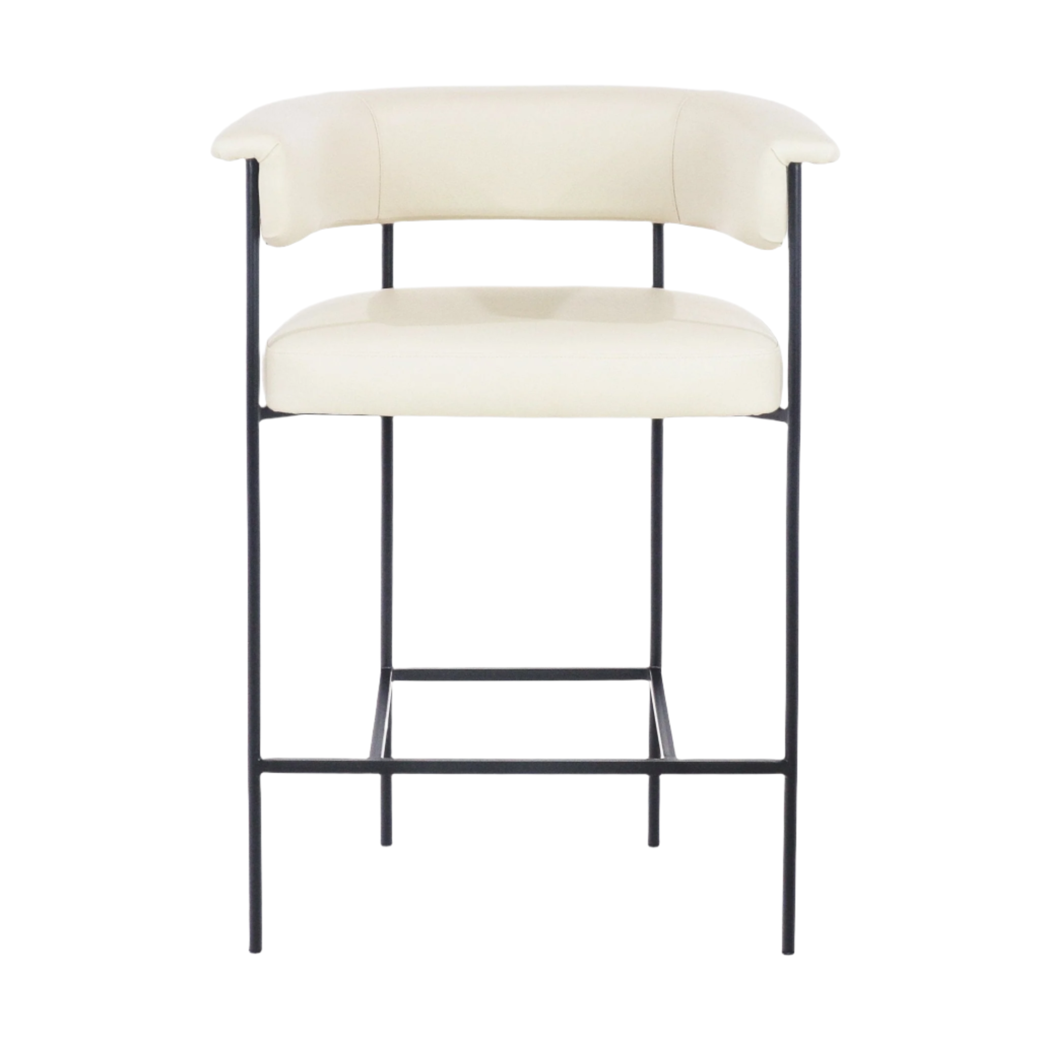 Front view of a modern cream faux leather counter stool with a curved wraparound back and short arms, cushioned seat, and slim black metal frame with integrated square footrest.