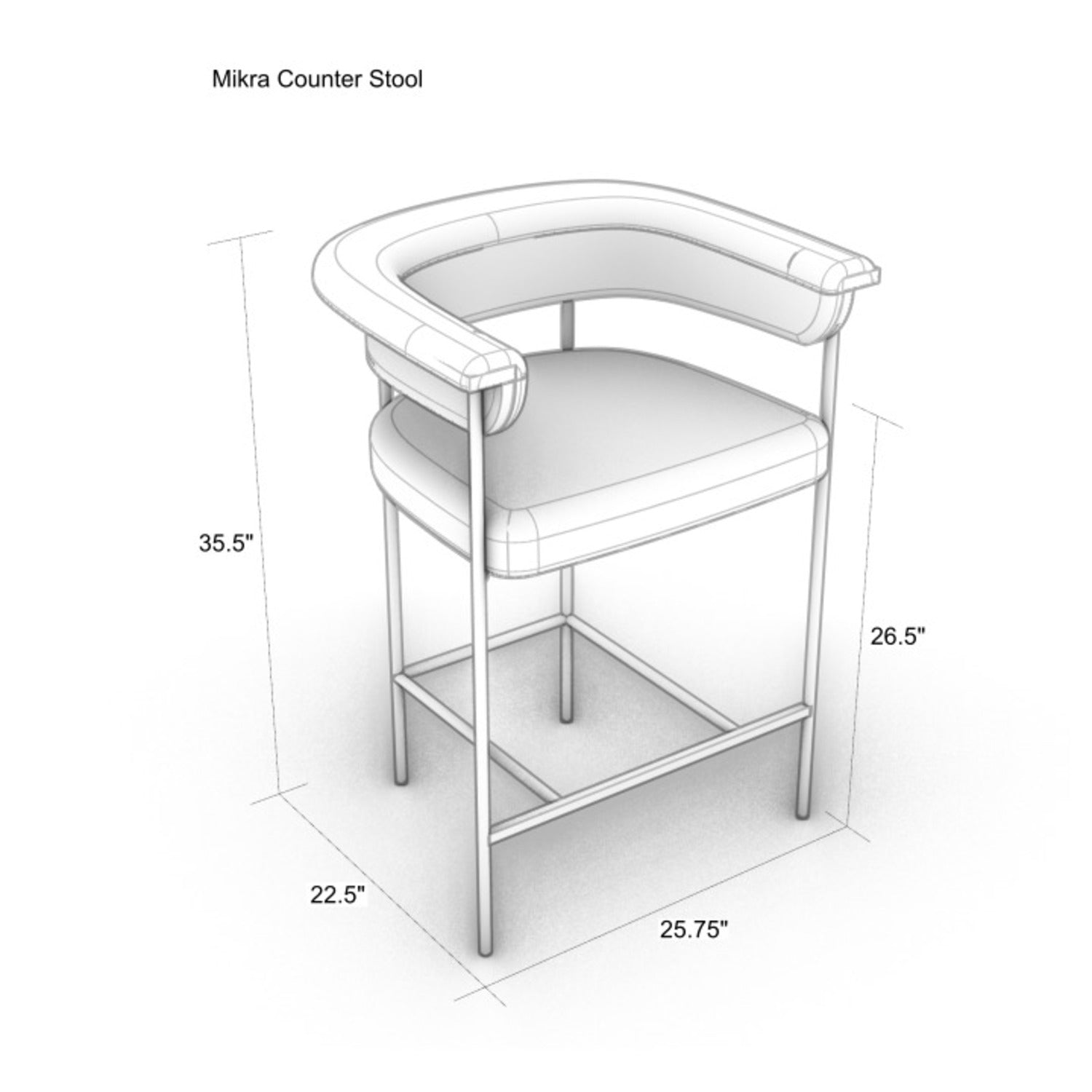 Isometric line drawing of a modern counter stool with curved faux leather upholstered seat and back, metal frame and footrest, annotated with dimensions: 35.5" height, 26.5" seat height, 22.5" depth, 25.75" width.