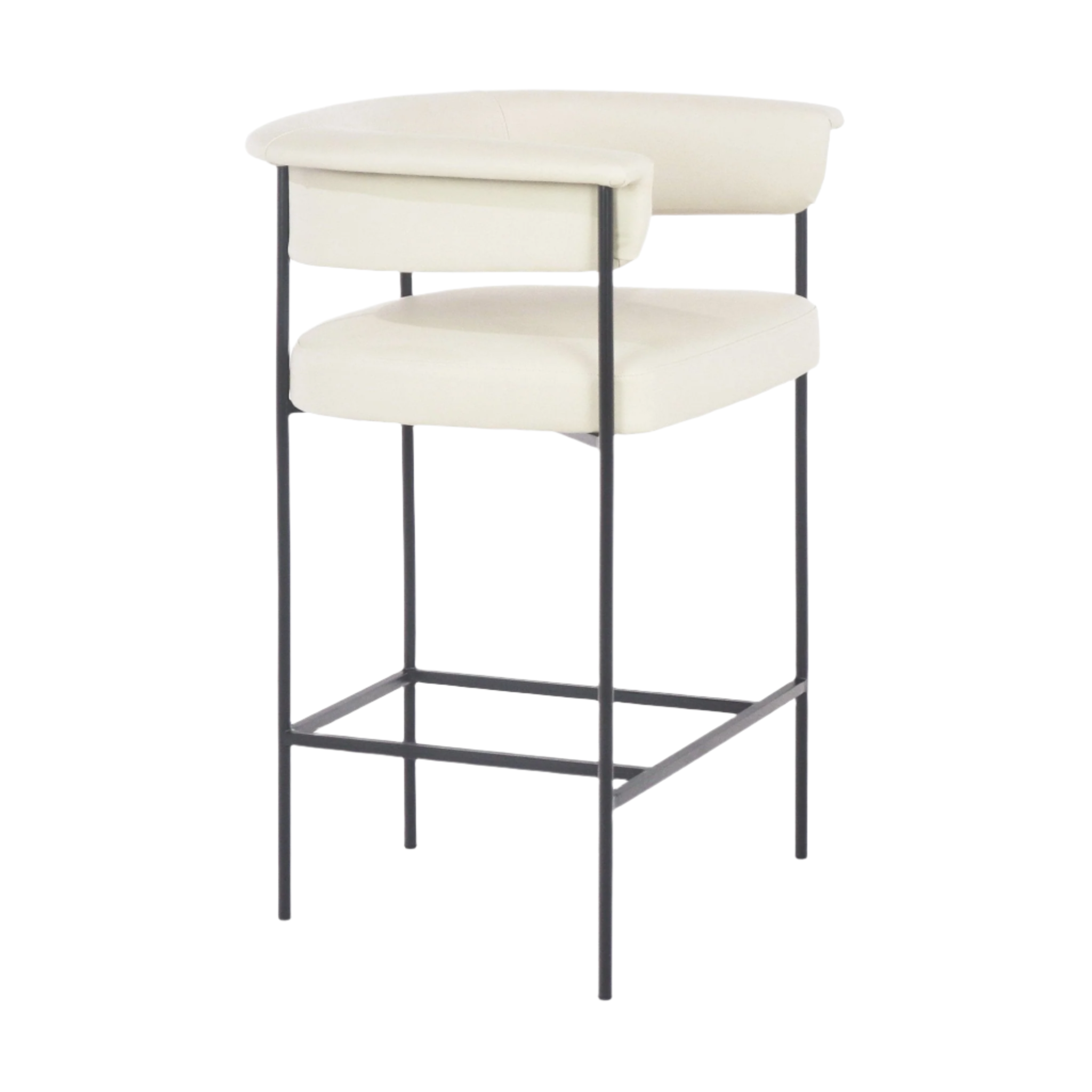 Off-white faux leather counter stool with a curved low back and padded seat on a slim black metal frame featuring a square metal footrest.