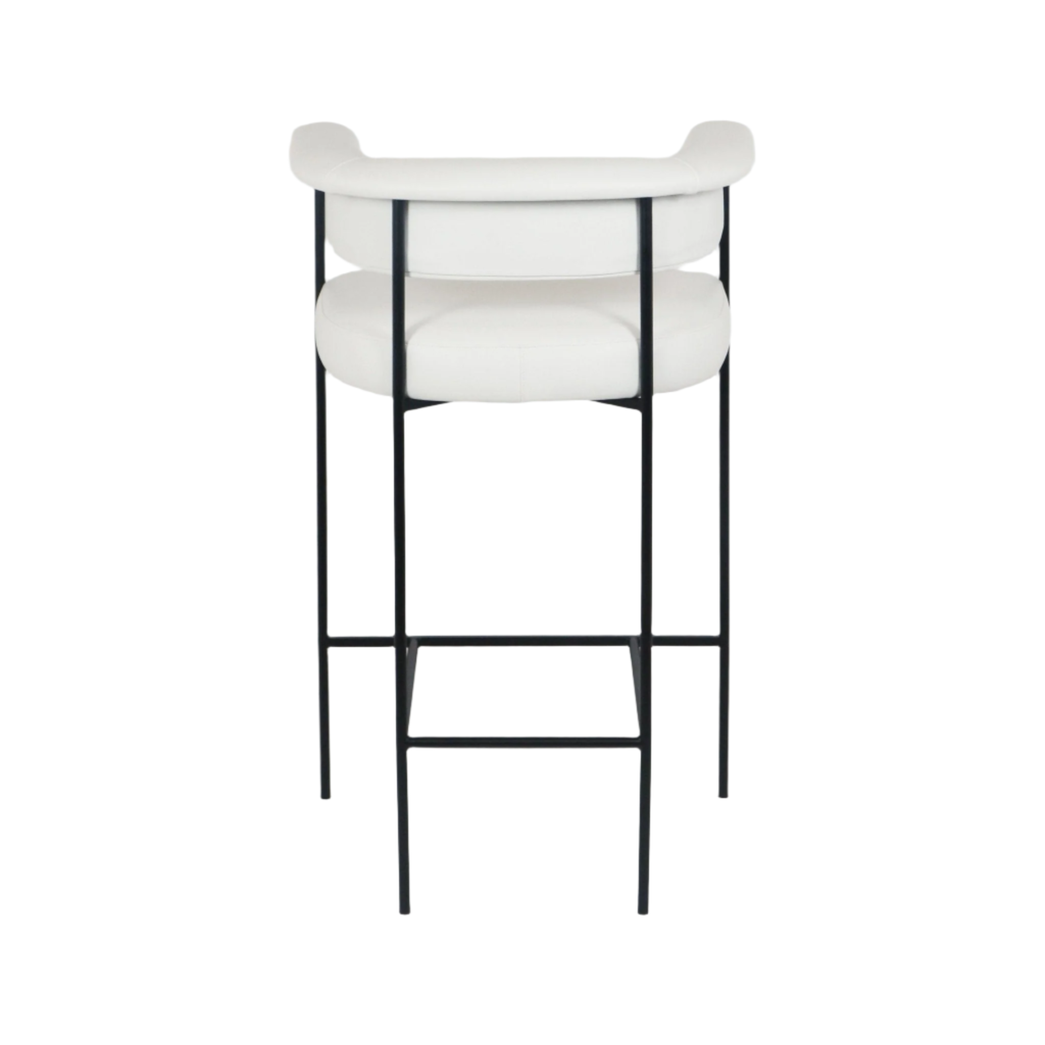 Rear view of a modern counter-height bar stool with white faux leather seat and curved back, supported by a slender black metal frame with integrated square footrest.