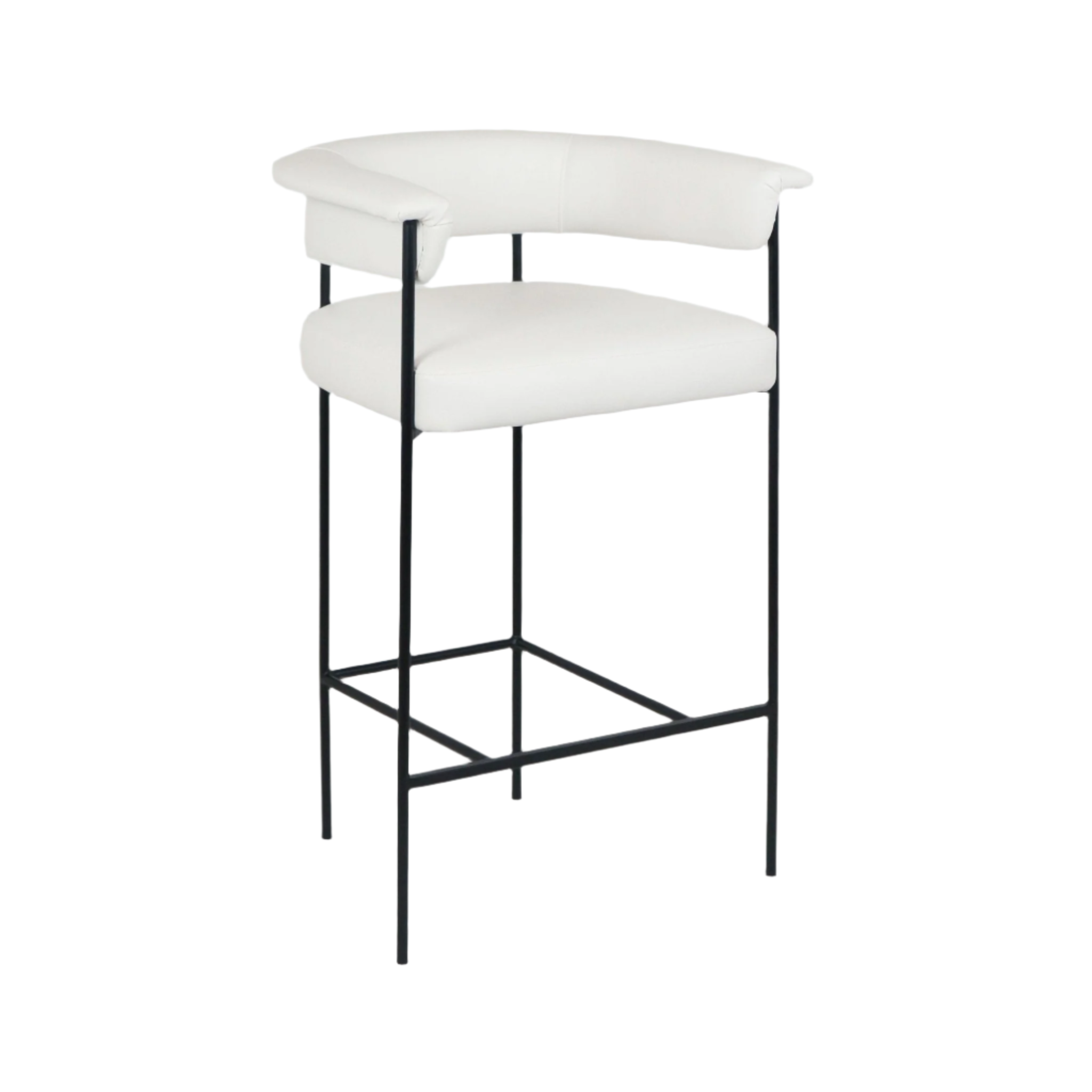 Modern white faux leather counter-height stool with a curved low back and short arm supports, padded seat, and slender black metal frame with a square metal footrest.