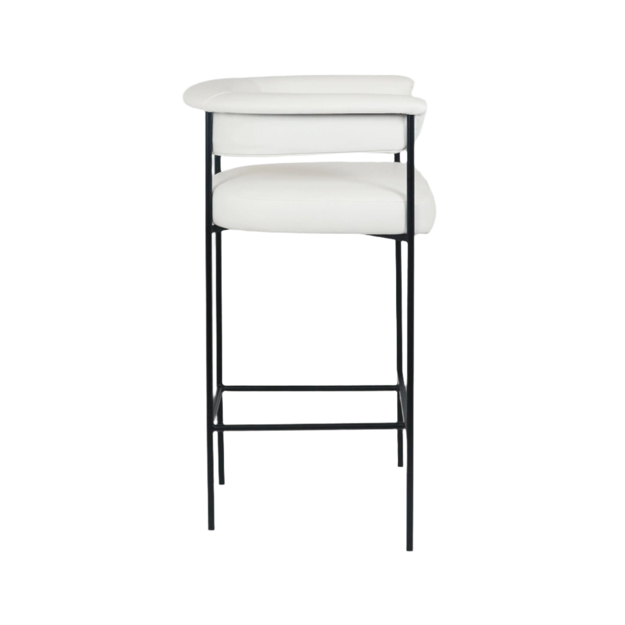 White faux-leather counter stool with a padded seat and low curved backrest supported by a slim black metal frame and rectangular footrest, displayed on a plain white background.