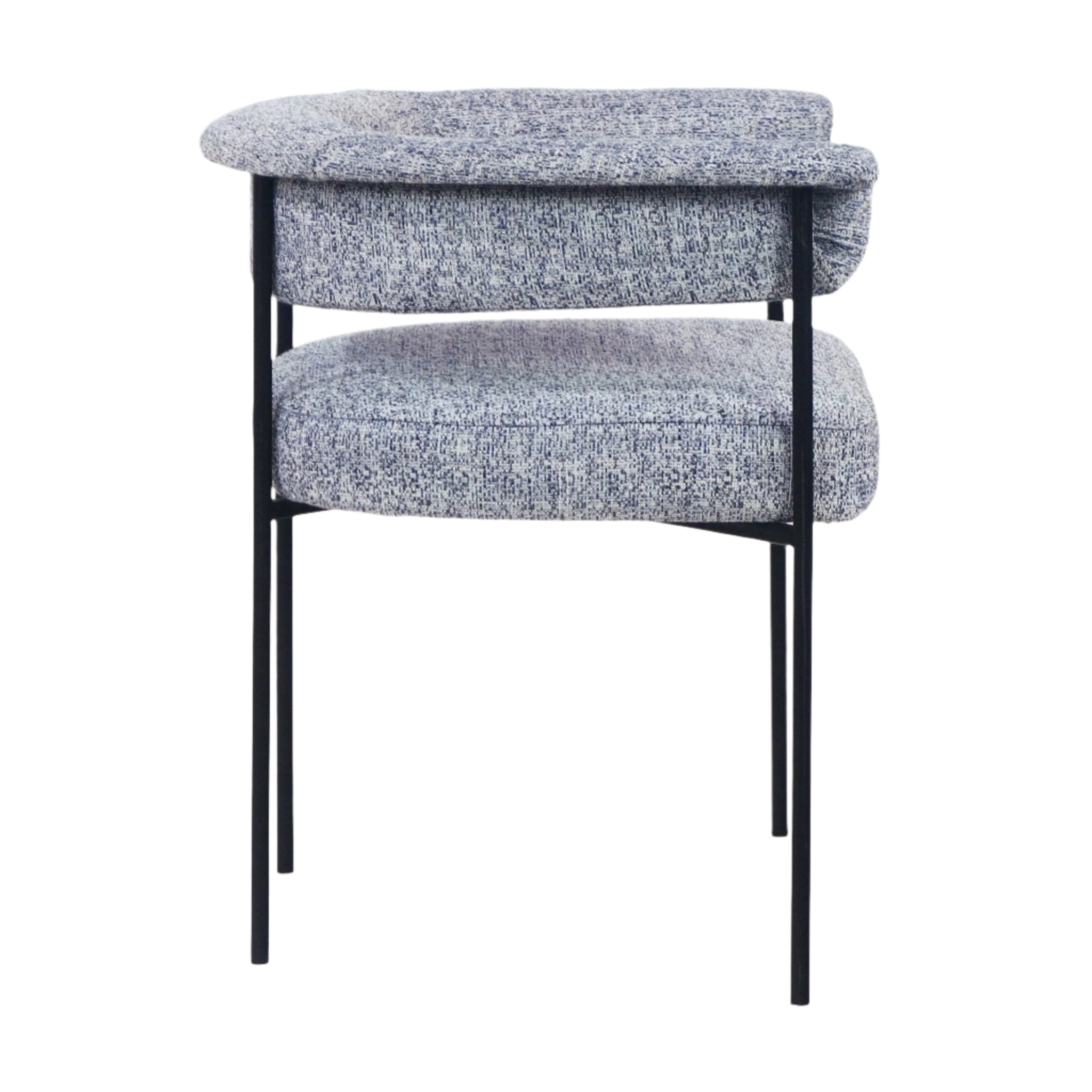 Side view of a modern gray boucle upholstered dining chair with a rounded cushioned seat and curved low backrest, supported by a slim black metal frame and four slender legs.
