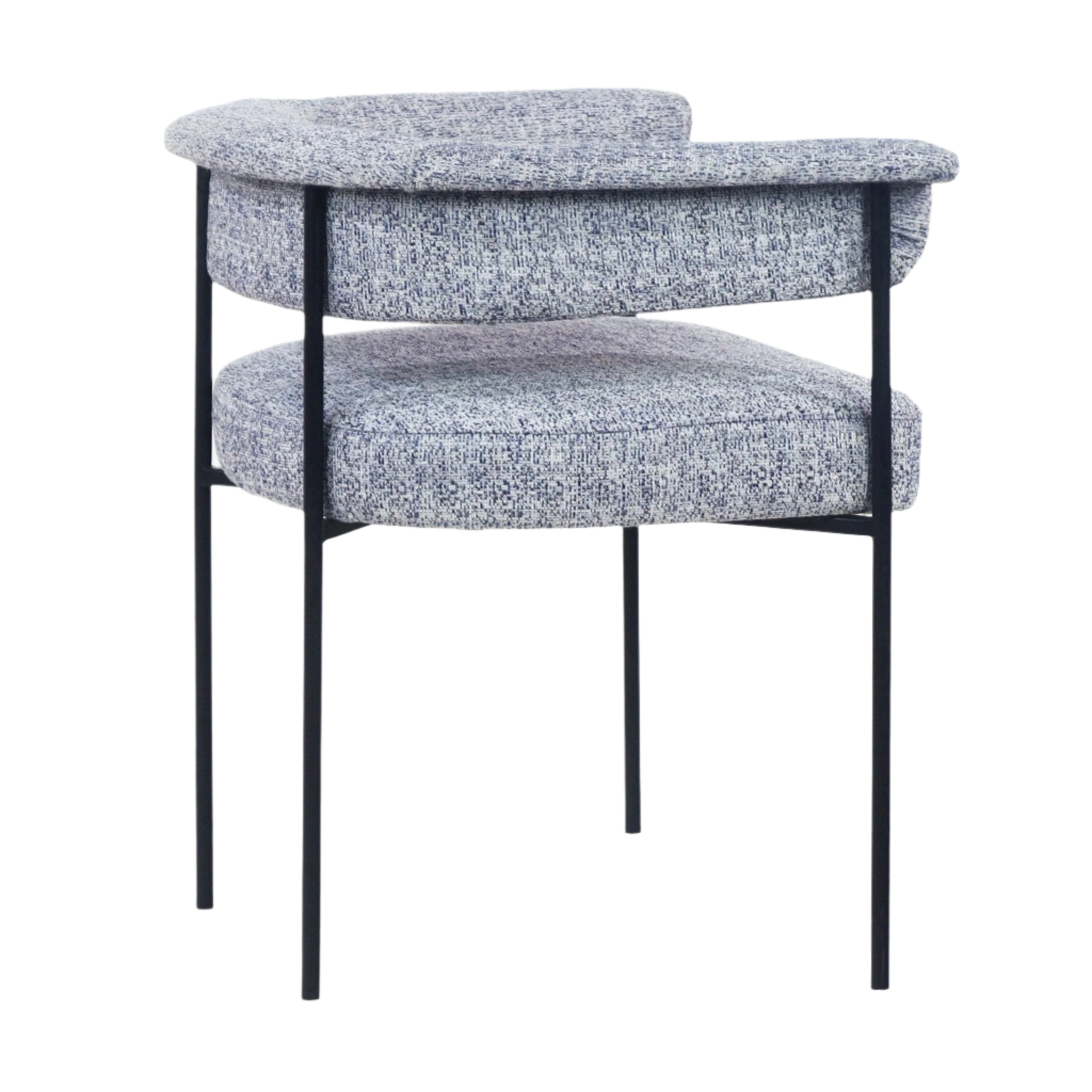 Modern dining chair upholstered in textured gray bouclé with a rounded low back and cushioned seat, supported by a slim black metal frame with four slender legs.