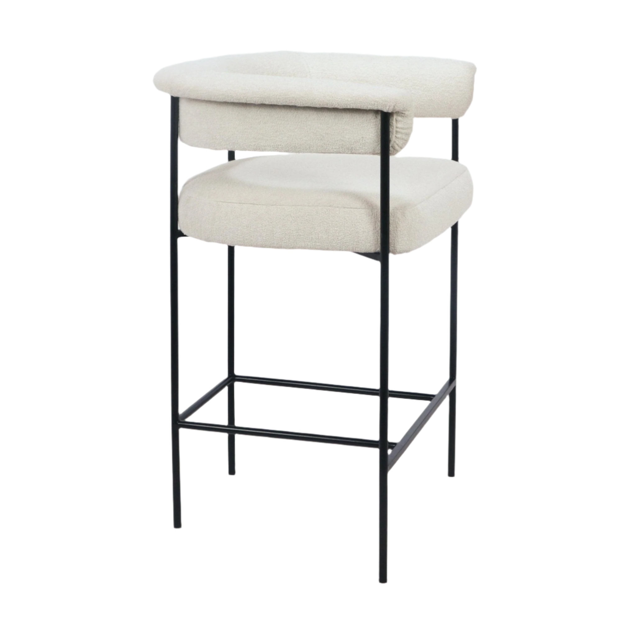 Cream boucle upholstered bar stool with a low curved back and cushioned square seat, supported by a slim black metal frame and square metal footrest in a minimalist modern style.