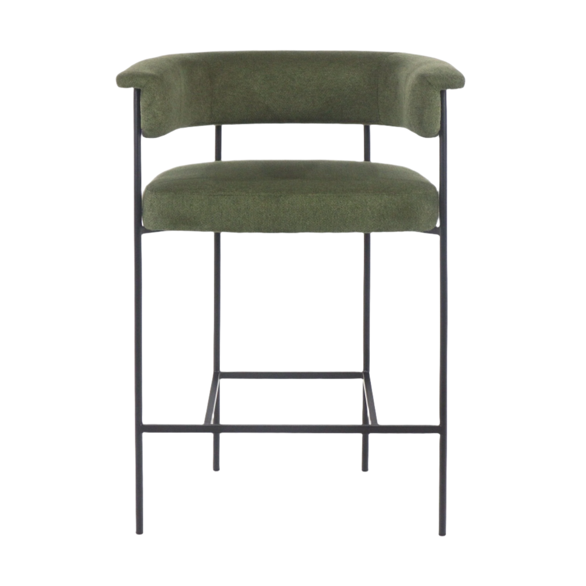 Front-facing modern counter stool upholstered in dark olive green boucle with a low curved back and slim black metal legs featuring a rectangular footrest.