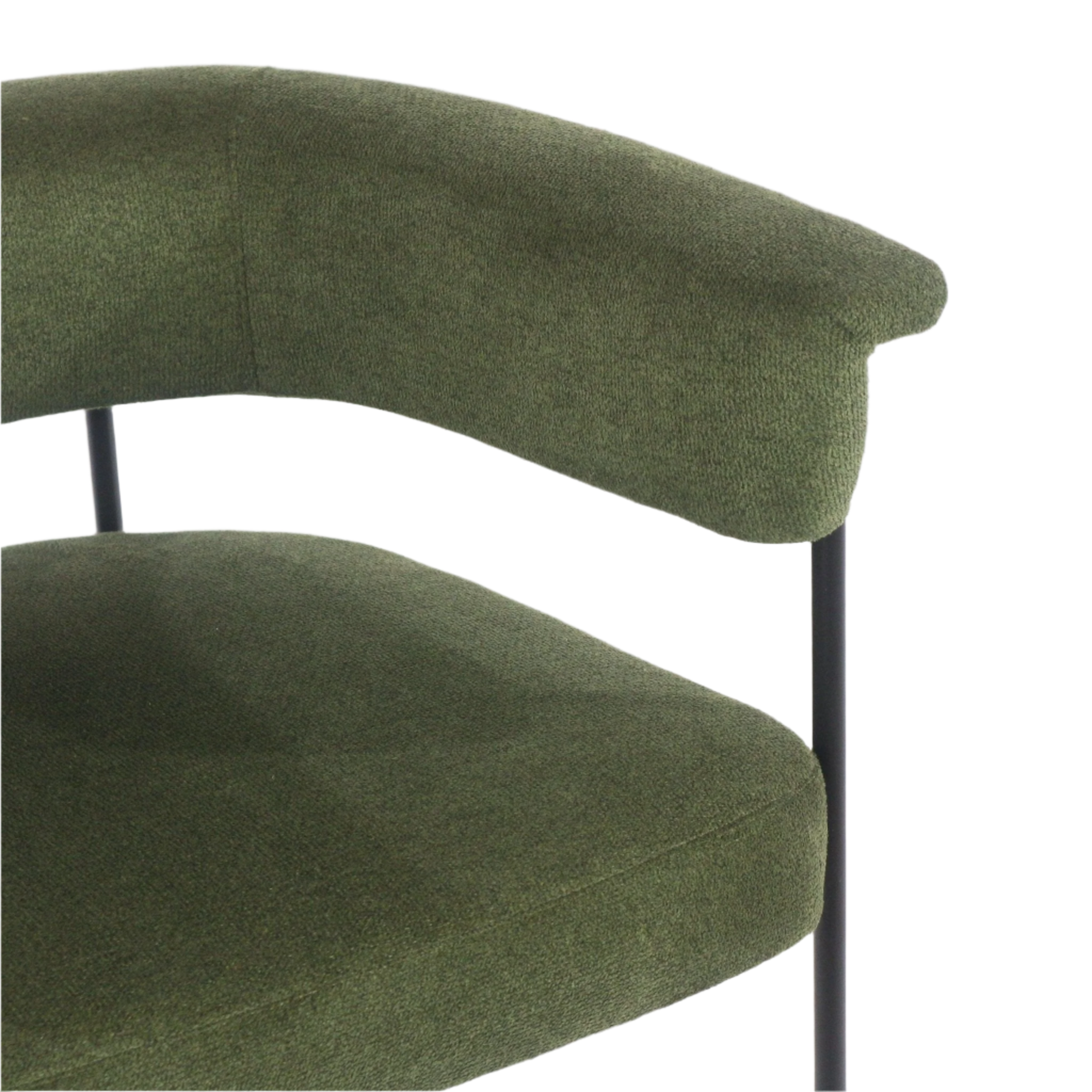 Close-up of a dark olive green boucle-upholstered counter stool showing the curved low backrest, thick cushioned seat and slender black metal leg in a modern contemporary style.