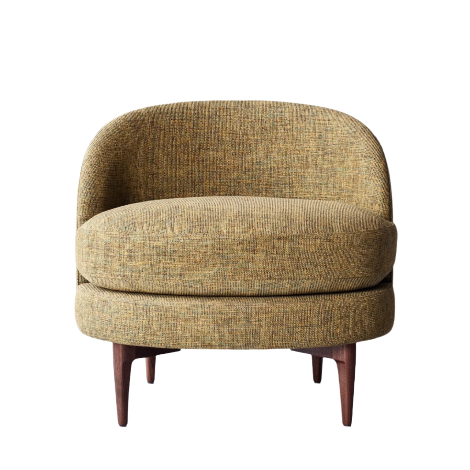 Contemporary rounded accent chair upholstered in green tweed fabric with a wide cushioned seat, full curved back and tapered solid wood legs.