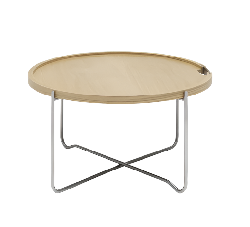 Modern round side table with a light oak tray top featuring a raised lip and small notch handle, supported by a crossed stainless steel base in a brushed chrome finish.