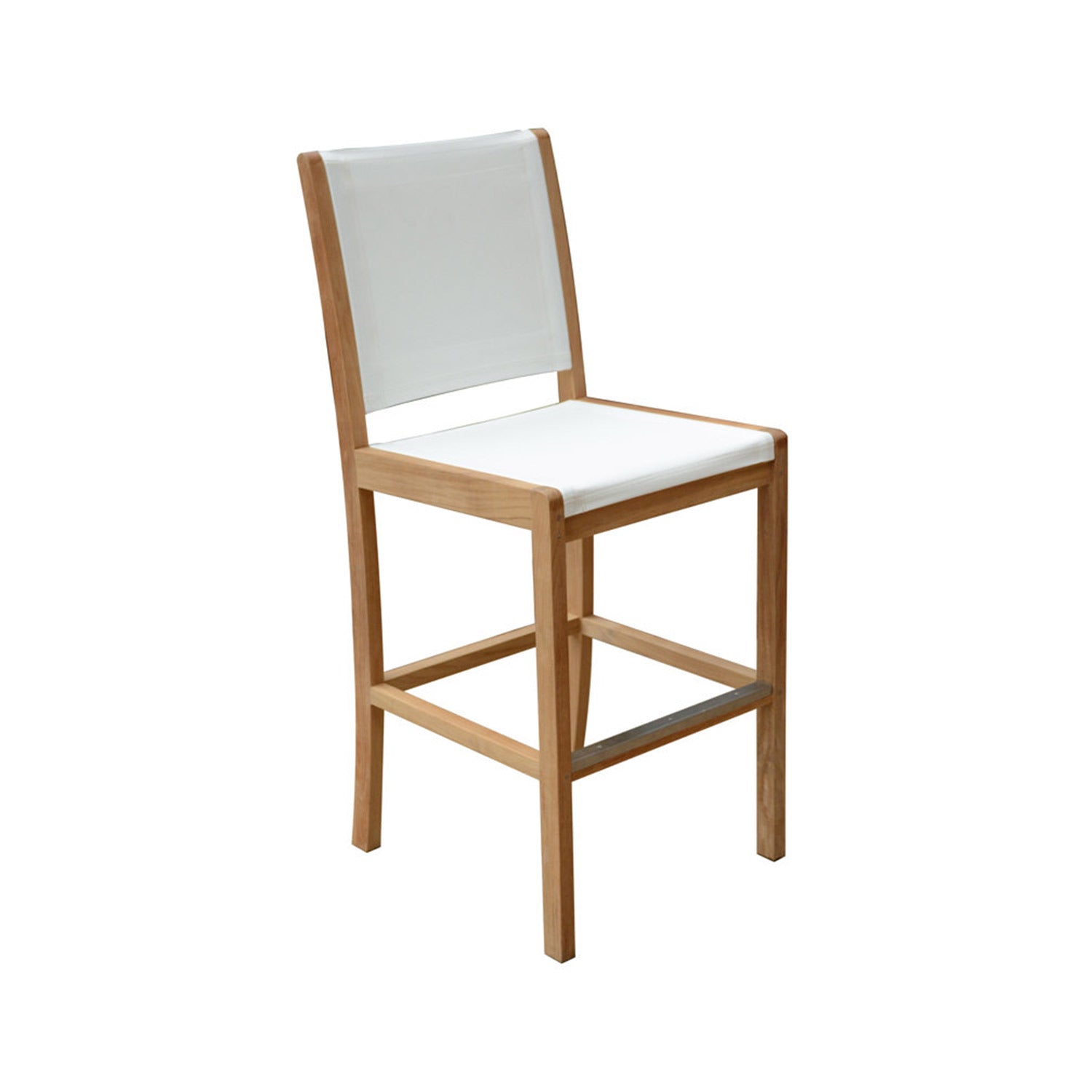 Armless teak outdoor bar stool with a natural wood frame, white fabric seat and sling back, and a reinforced metal footrest for comfortable counter-height seating.