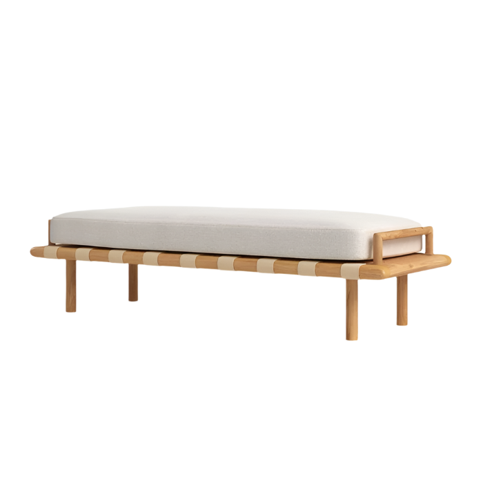 Low-profile end-of-bed bench with a cream boucle cushion on a natural wood frame, rounded legs and alternating beige woven webbing straps, featuring a wooden rail handle at one end.