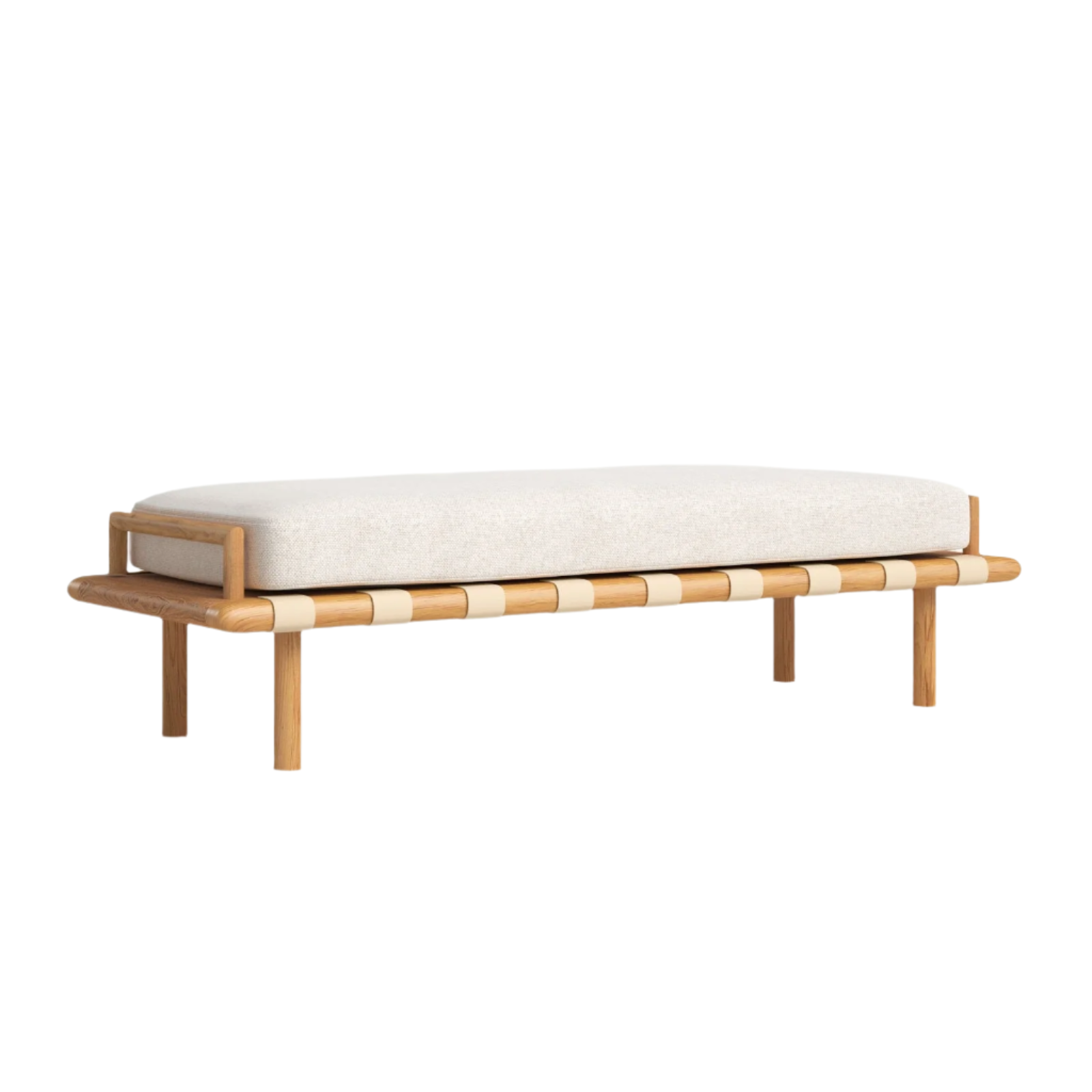Low-profile coastal-modern bench with a natural wood frame, light-tan woven straps and a thick off-white boucle fabric cushion shown on a white background as end-of-bed seating.