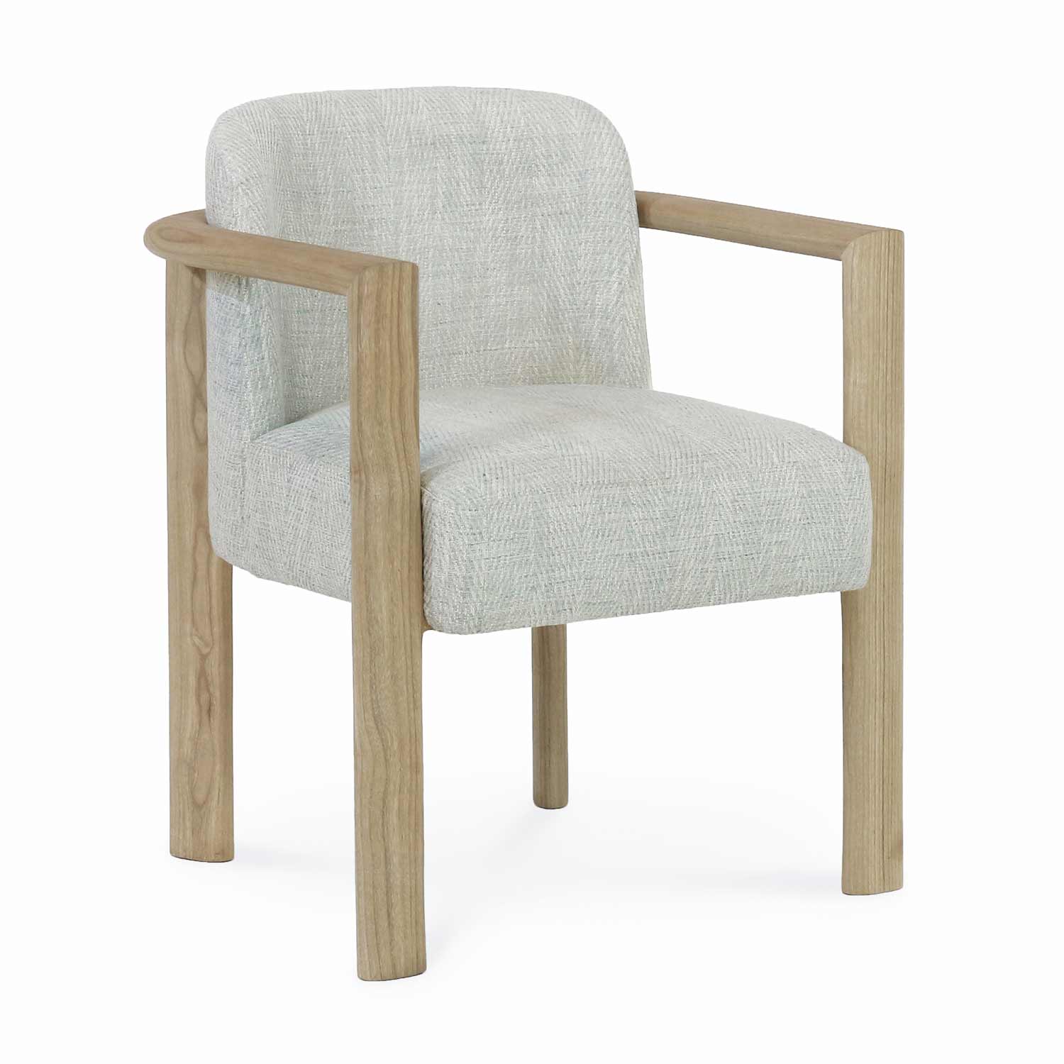Light oak-framed dining chair with cushioned seat and rounded back upholstered in a light neutral textured fabric, featuring open wooden arms and straight solid-wood legs in a minimalist modern Scandinavian style.