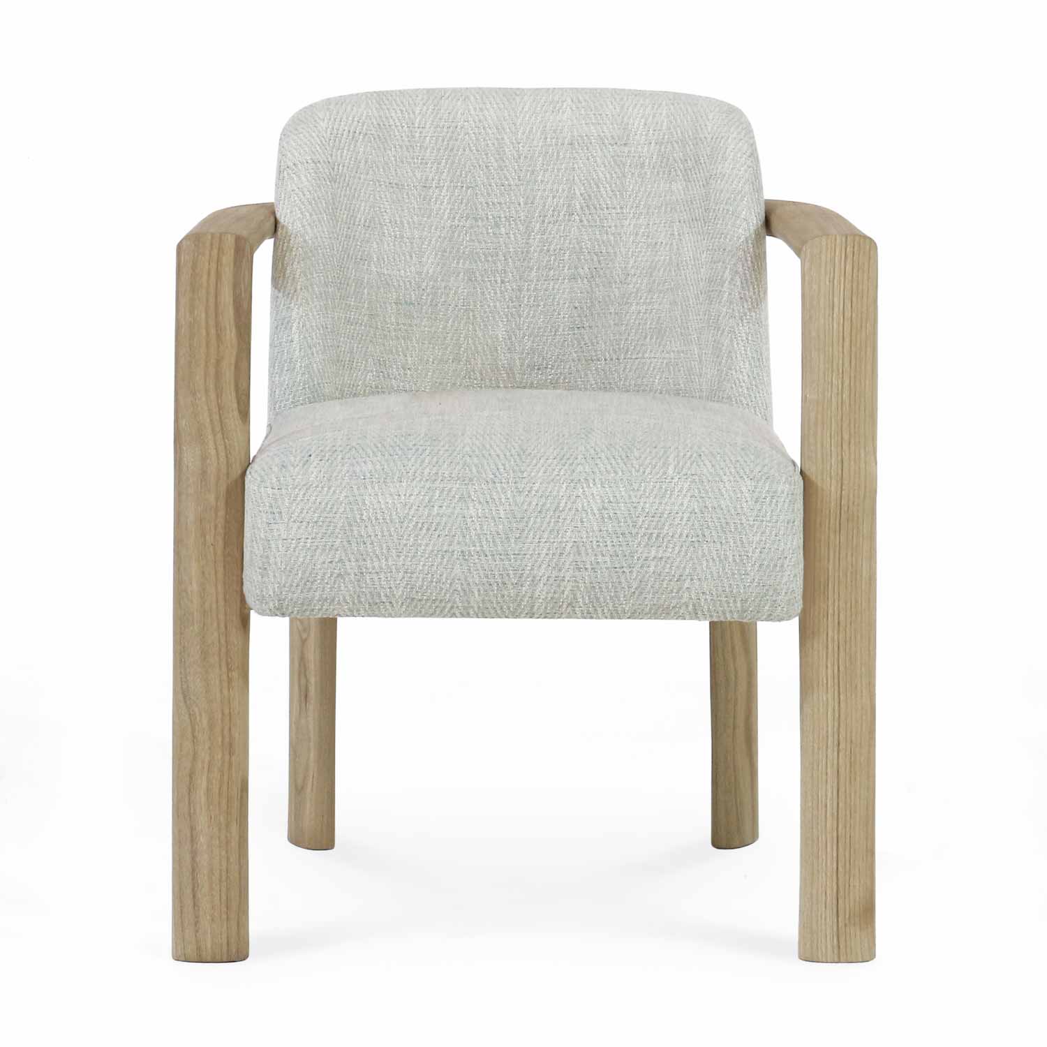 Front view of a Scandinavian modern dining chair with a light oak solid wood frame, integrated wooden arms and neutral pale herringbone polyester-blend fabric upholstery, featuring a padded seat and full back.