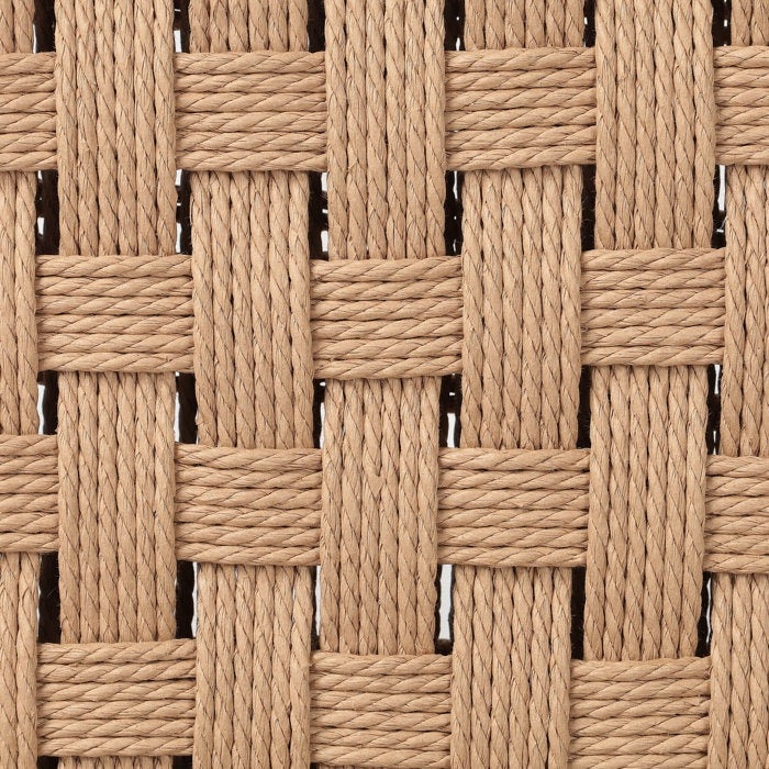 Close-up of natural papercord rope woven in a tight basket-weave pattern, showing braided texture and light oak-beige color used for a stool seat.