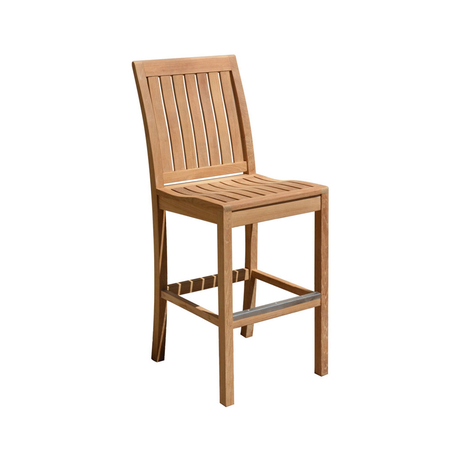 Armless teak outdoor bar stool with slatted seat and back, square wooden legs and a metal footrest, finished in natural teak for a coastal look.