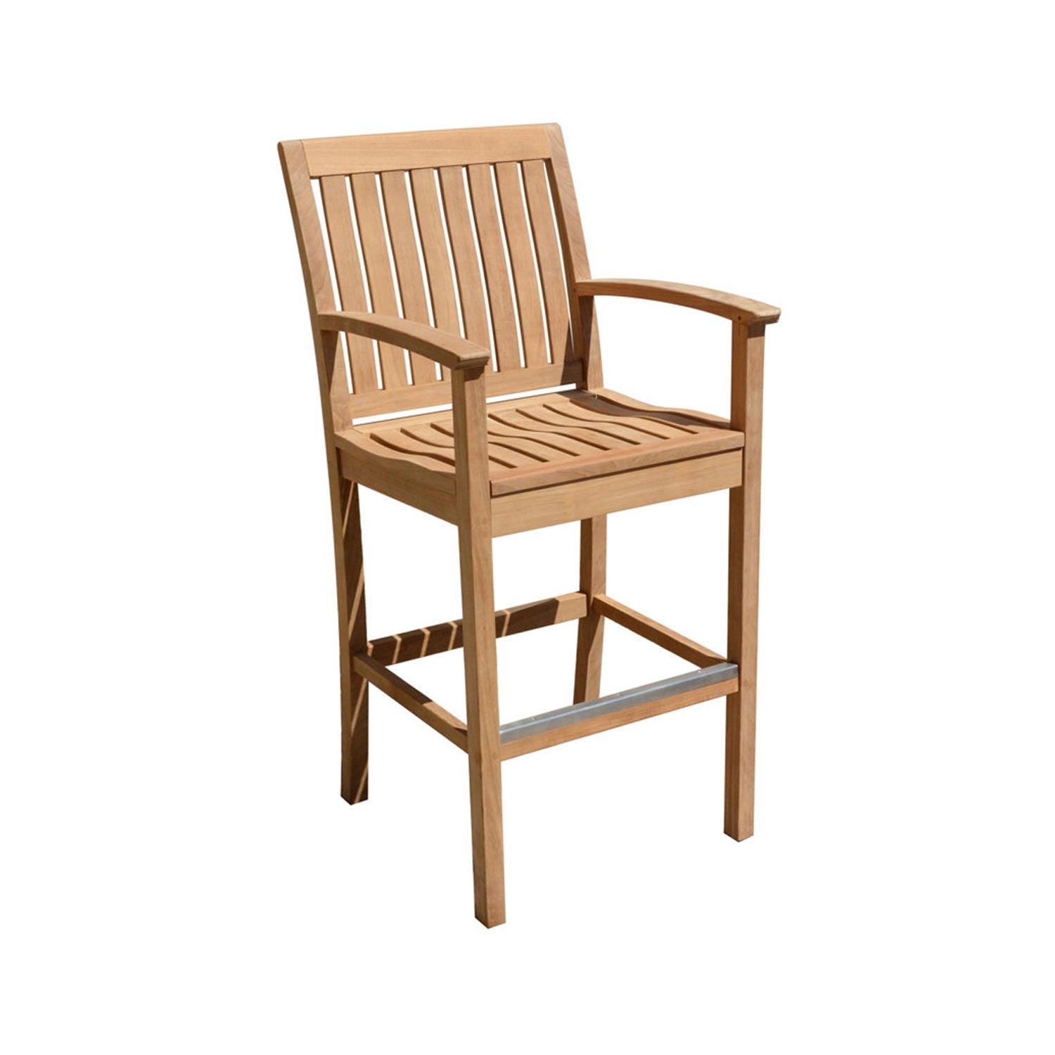 Counter-height natural teak outdoor bar stool with slatted back and seat, curved armrests and a metal footrest, shown in a coastal-style finish on a white background.