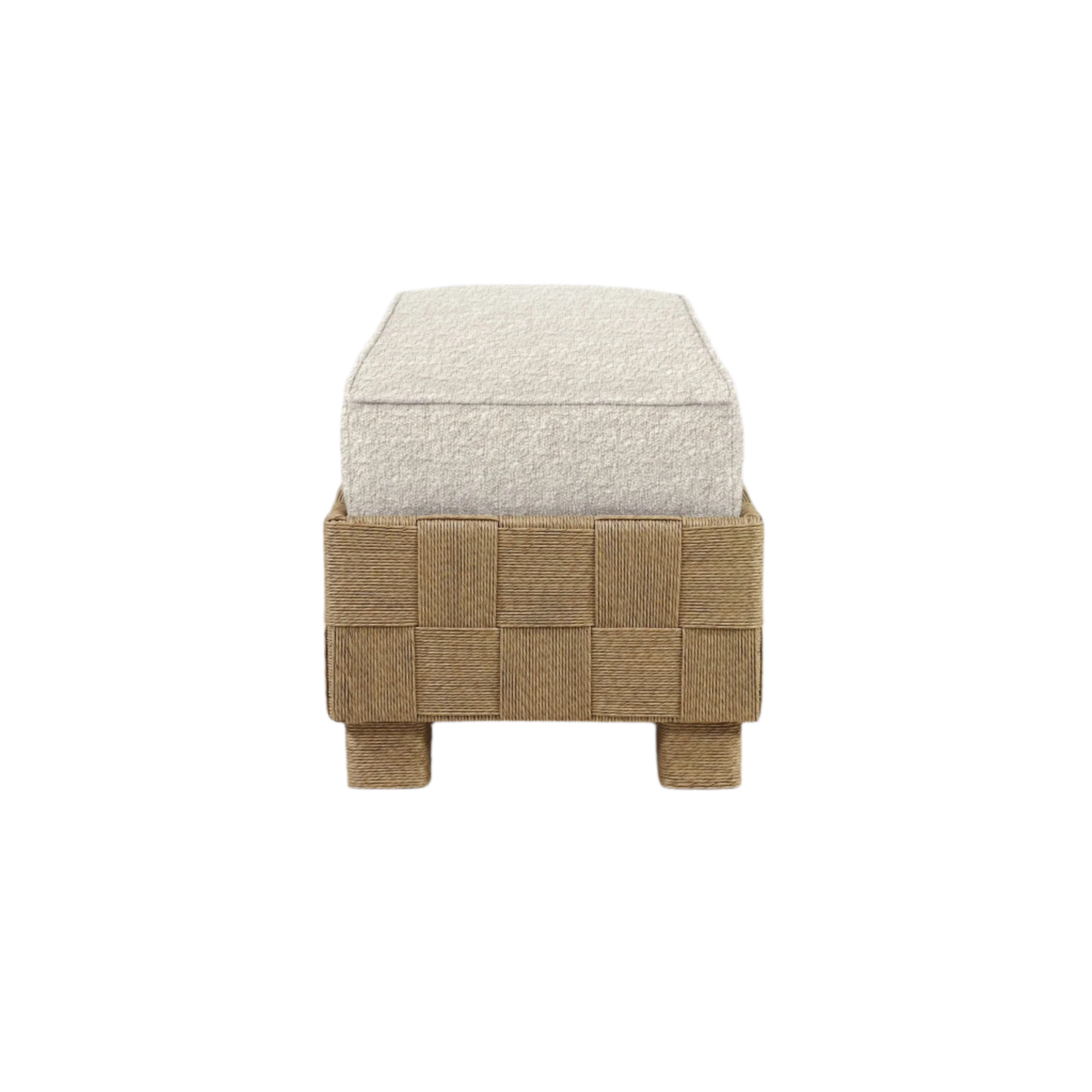 Front view of a modern end-of-bed bench featuring a cream boucle upholstered cushion atop a natural seagrass woven basket-weave base with short wrapped legs.