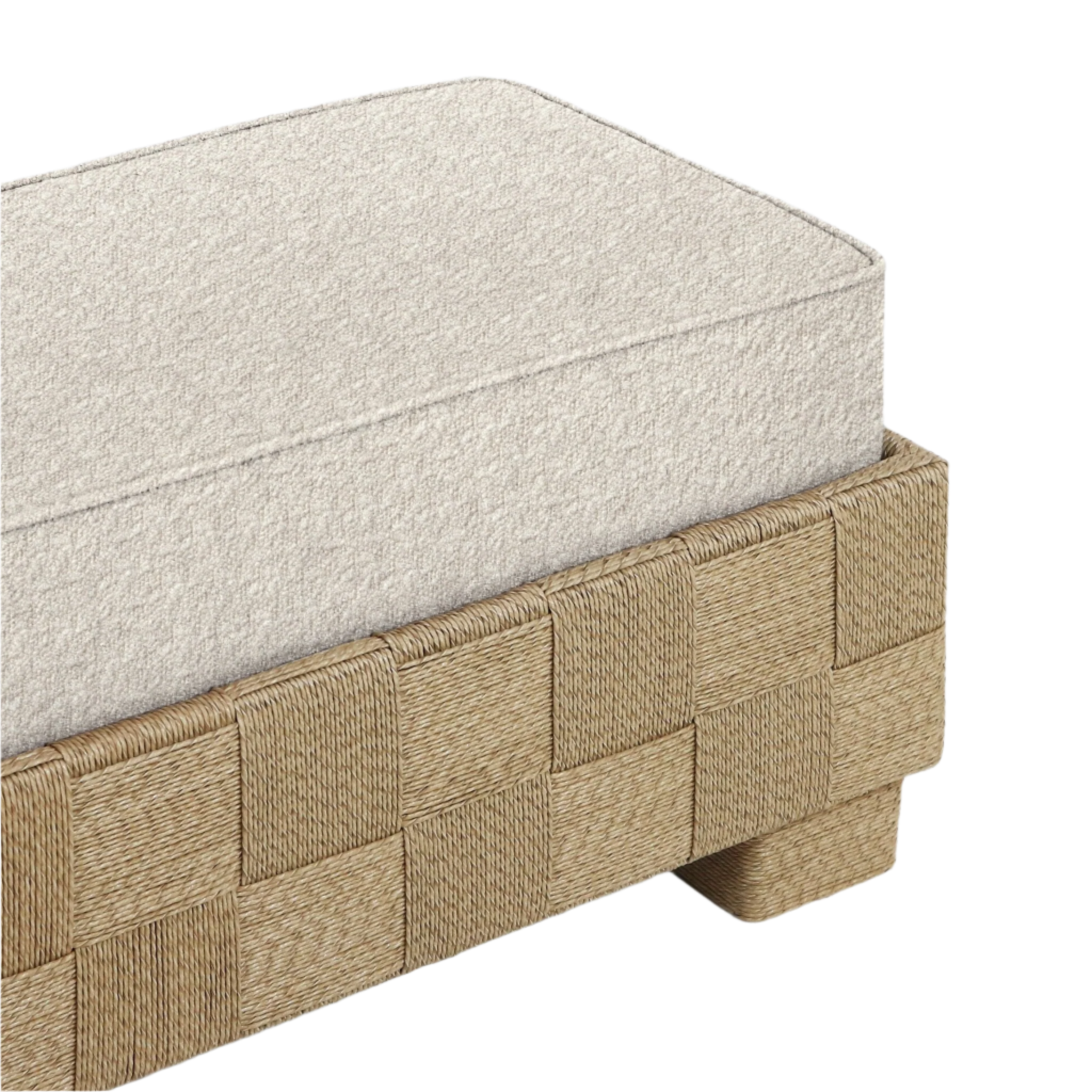 Close-up of a cream boucle upholstered bench cushion resting on a woven seagrass checkerboard base with a short block leg, highlighting natural texture and contemporary end-of-bed design.